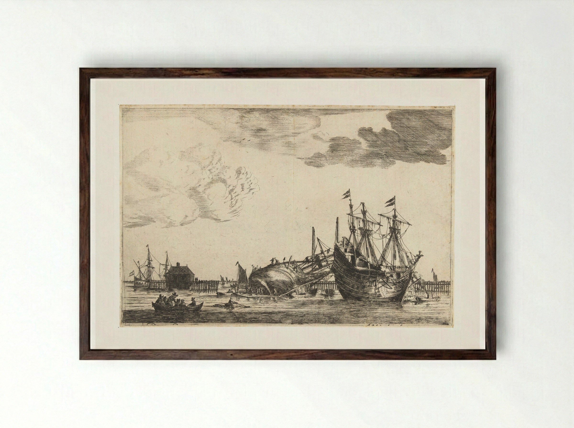 Twee schepen liggen klaar voor reparatie - Reinier Nooms - Framed Print Dark Wood