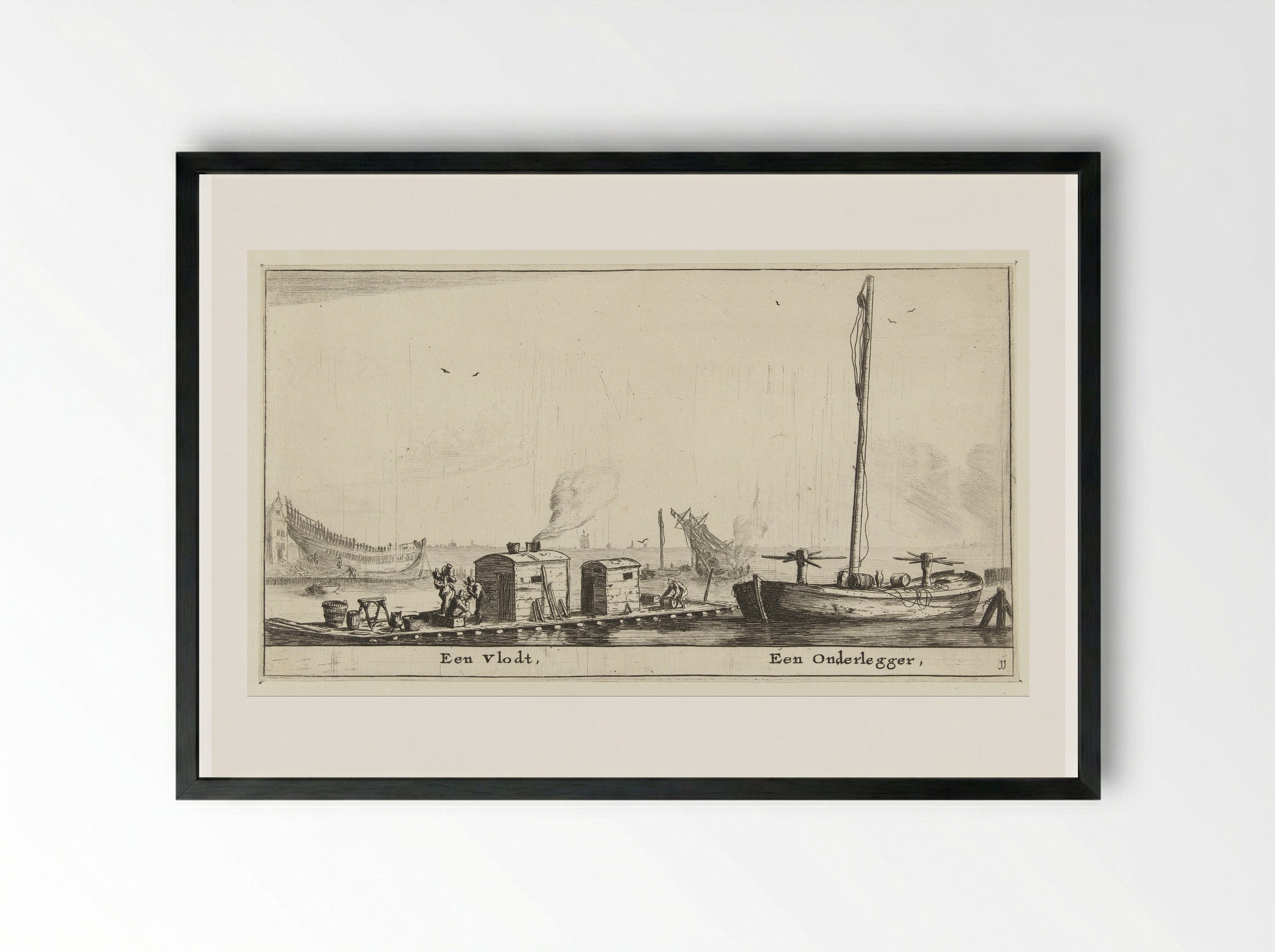 Twee schepen: een vlot en een onderlegger - Reinier Nooms - Framed Print Black