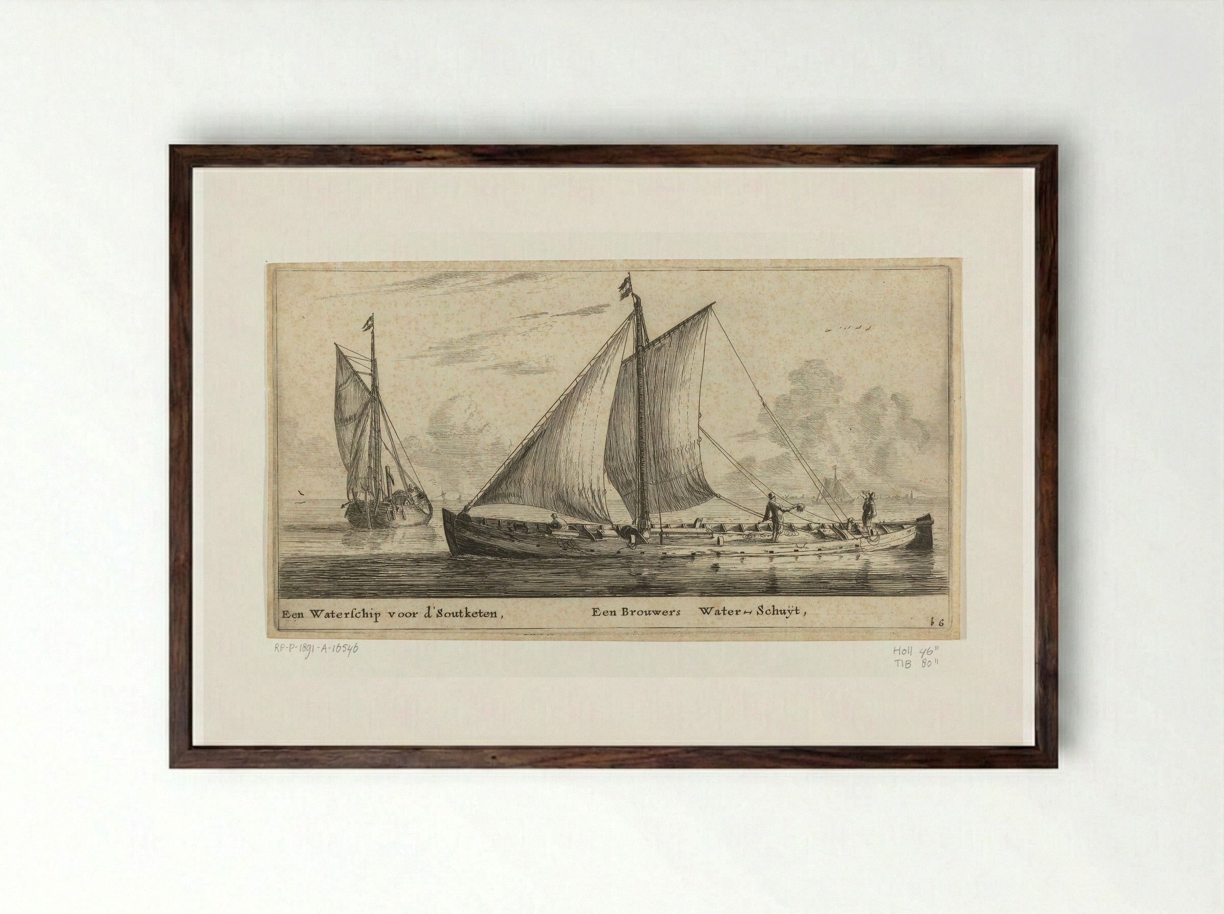 Twee schepen: een waterschip en een waterschuit - Reinier Nooms - Framed Print Dark Wood