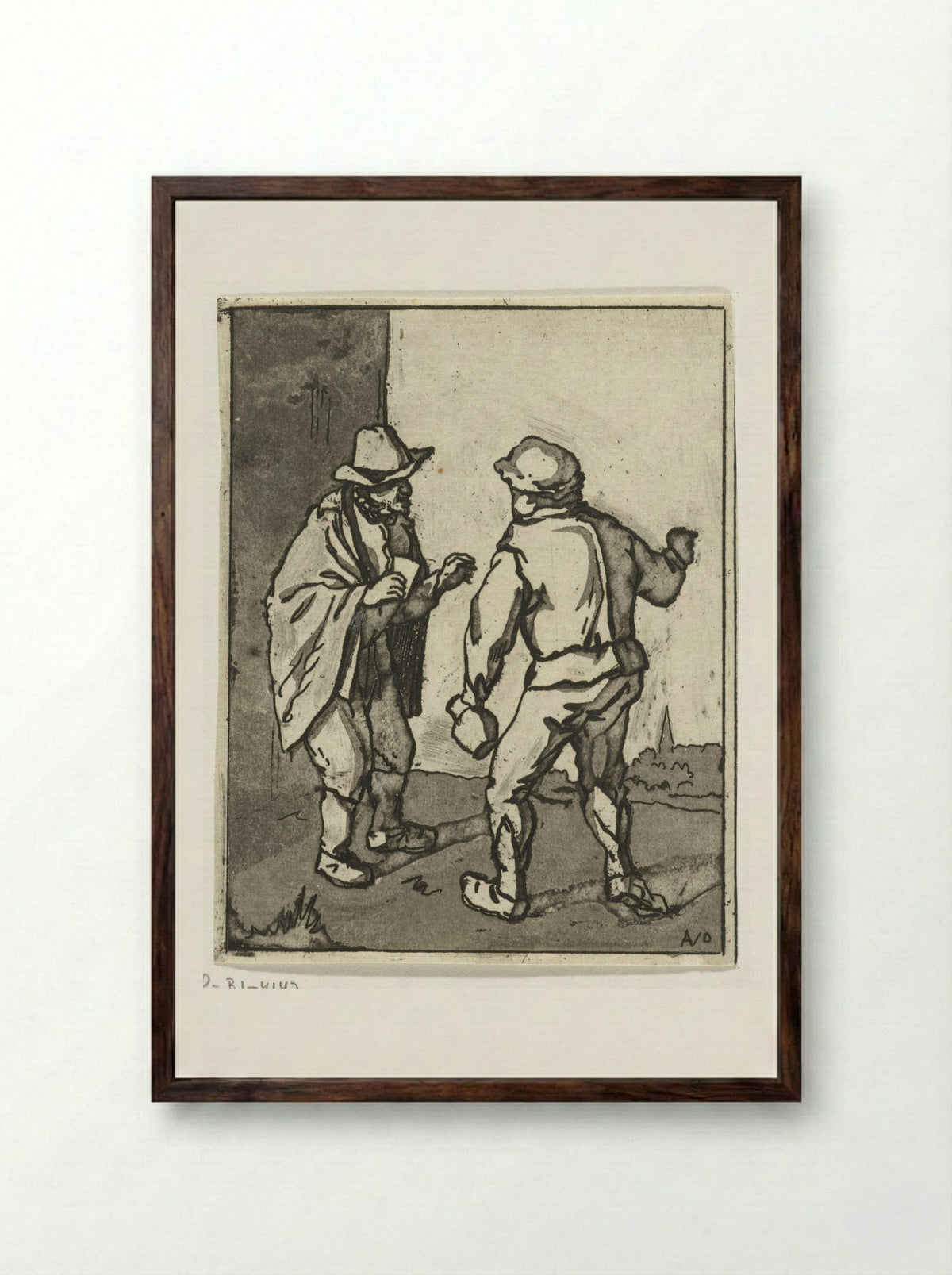 Twee staande mannen in gesprek - Anthonie van den Bos - Framed Print Dark Wood
