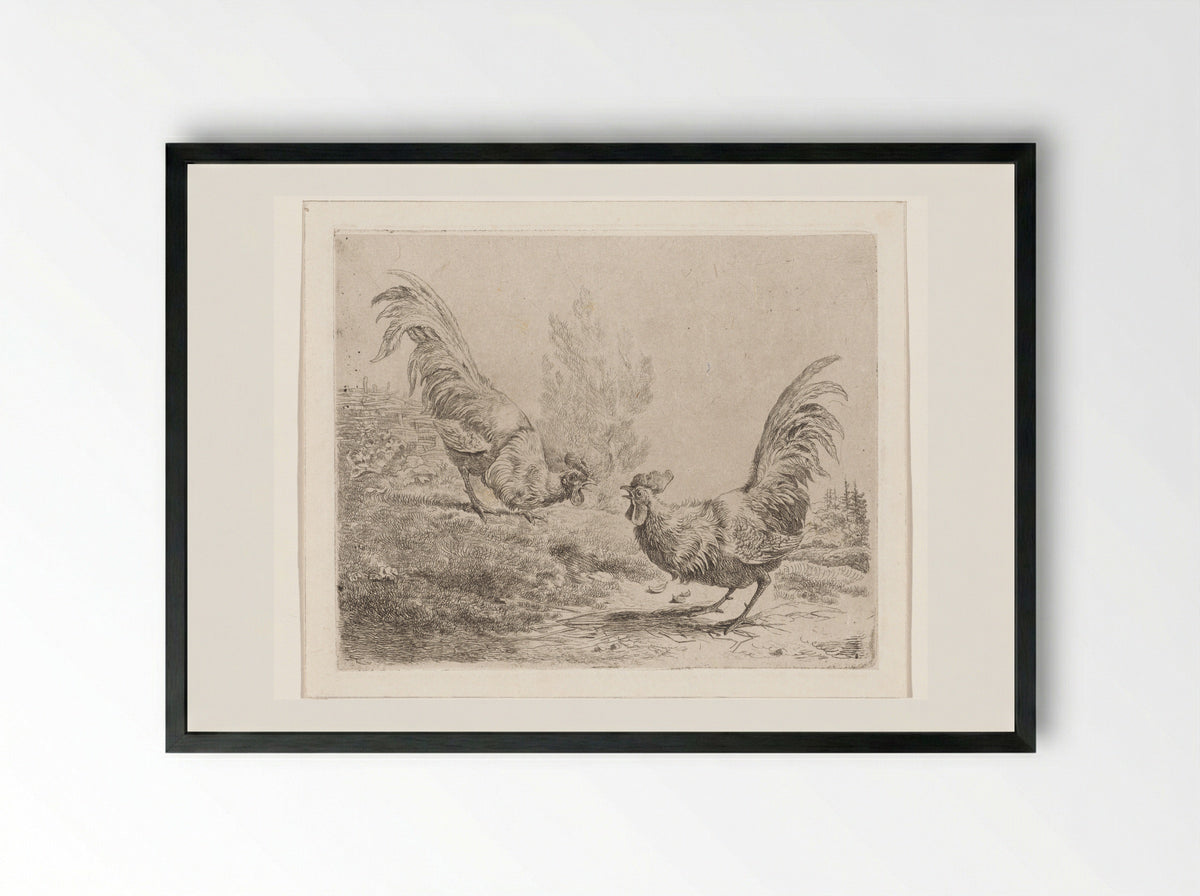 Twee vechtende hanen - Albertus Verhoesen - Framed Print Black