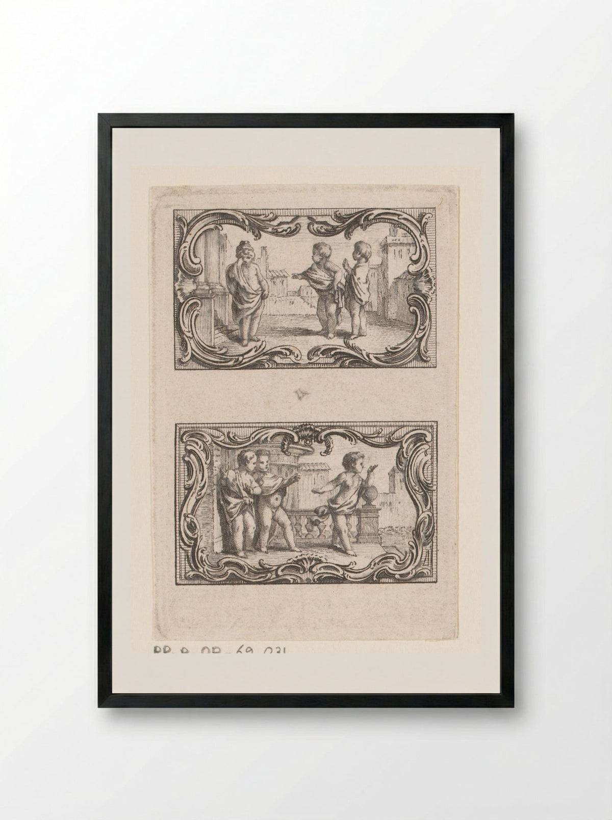 Twee vignetten met drie putti temidden van gebouwen - Jacques-Philippe Le Bas - Framed Print Black