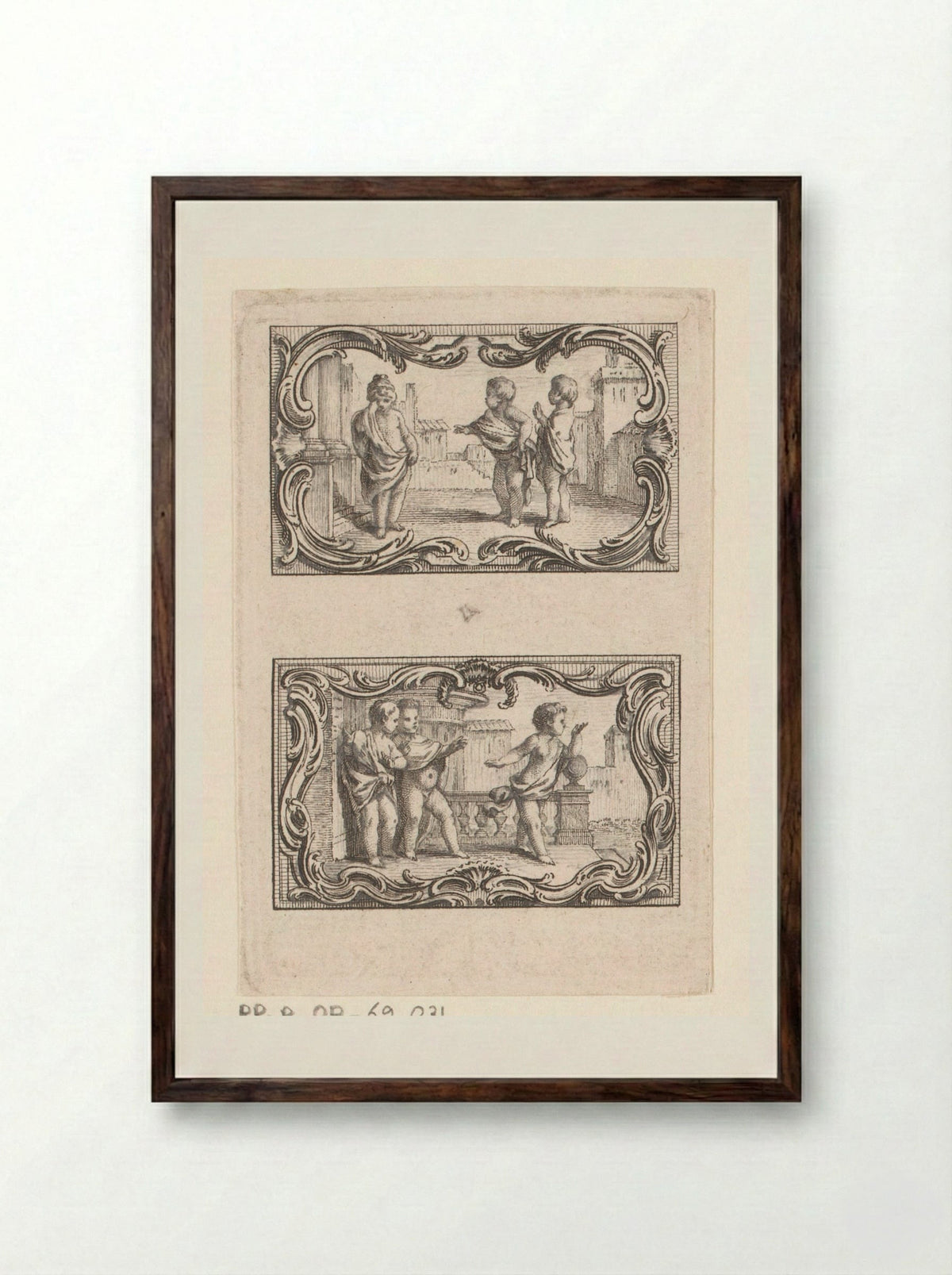 Twee vignetten met drie putti temidden van gebouwen - Jacques-Philippe Le Bas - Framed Print Dark Wood