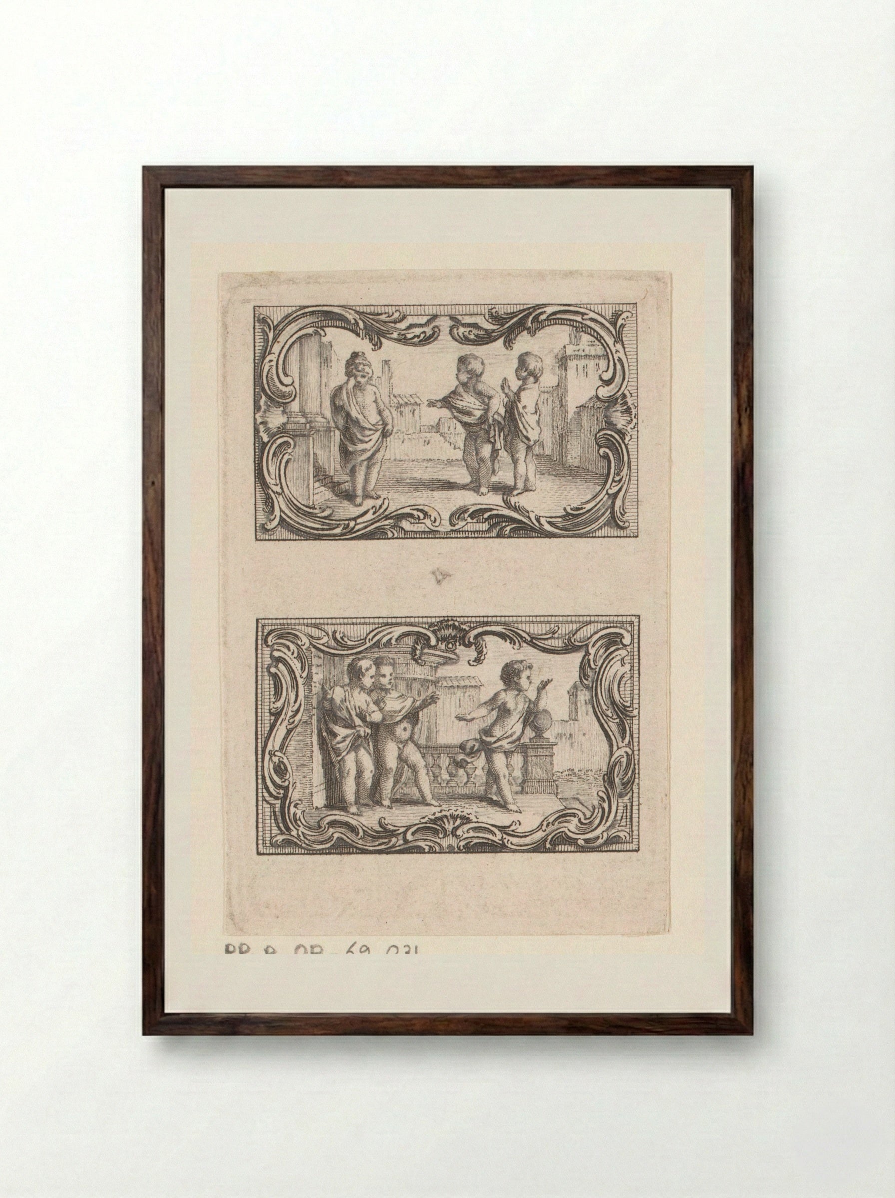 Twee vignetten met drie putti temidden van gebouwen - Jacques-Philippe Le Bas - Framed Print Dark Wood