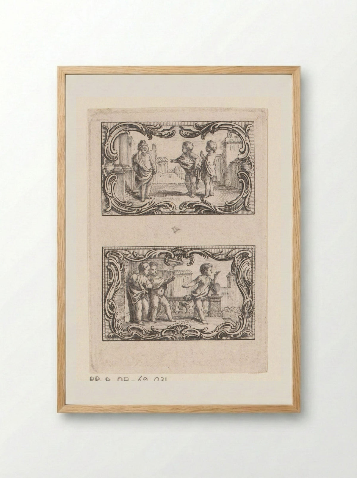 Twee vignetten met drie putti temidden van gebouwen - Jacques-Philippe Le Bas - Framed Print Wood