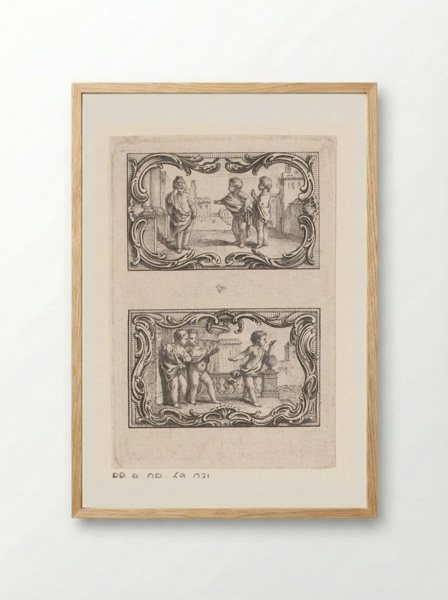 Twee vignetten met drie putti temidden van gebouwen - Jacques-Philippe Le Bas - Framed Print Wood