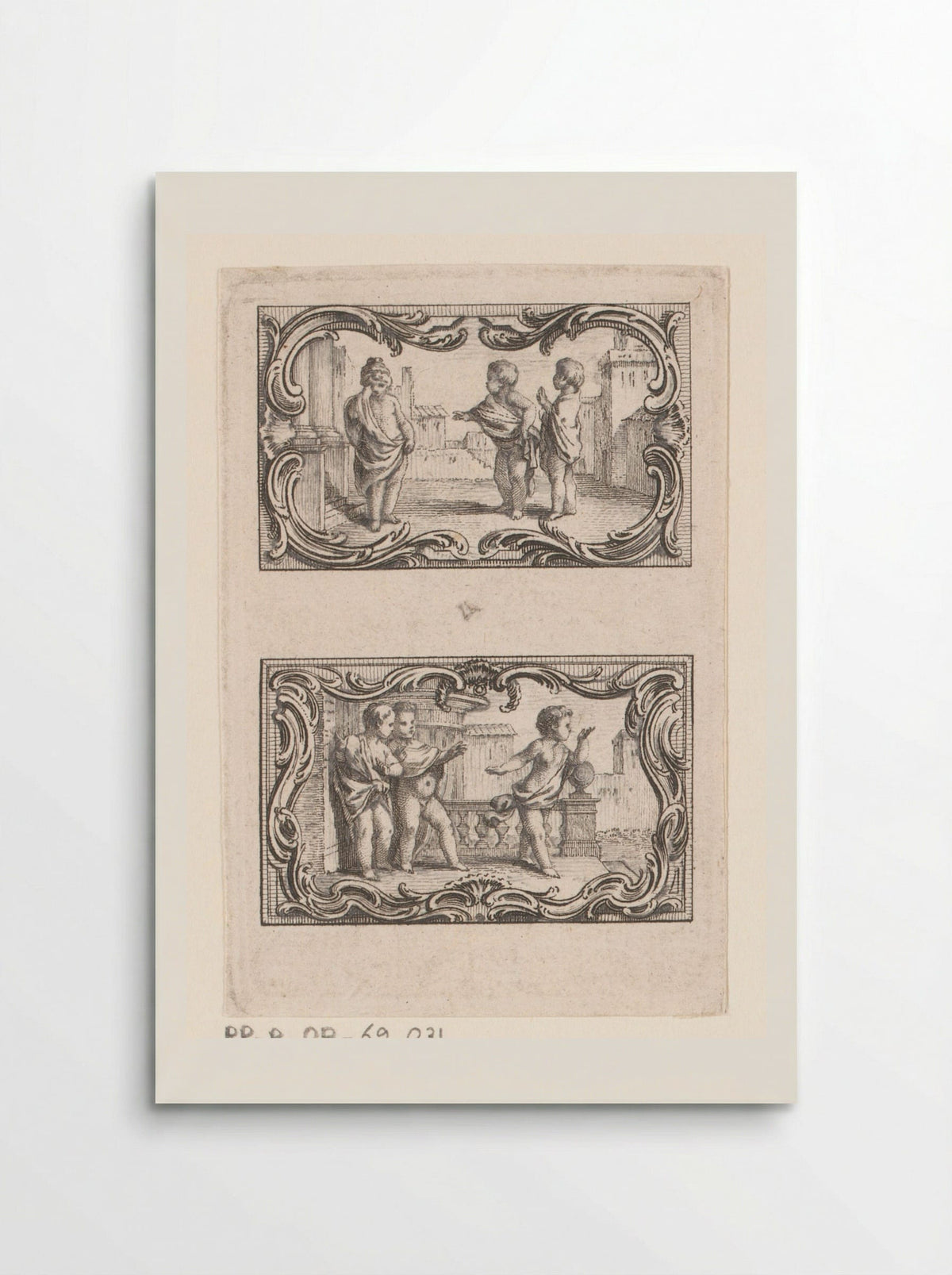 Twee vignetten met drie putti temidden van gebouwen - Jacques-Philippe Le Bas - Poster