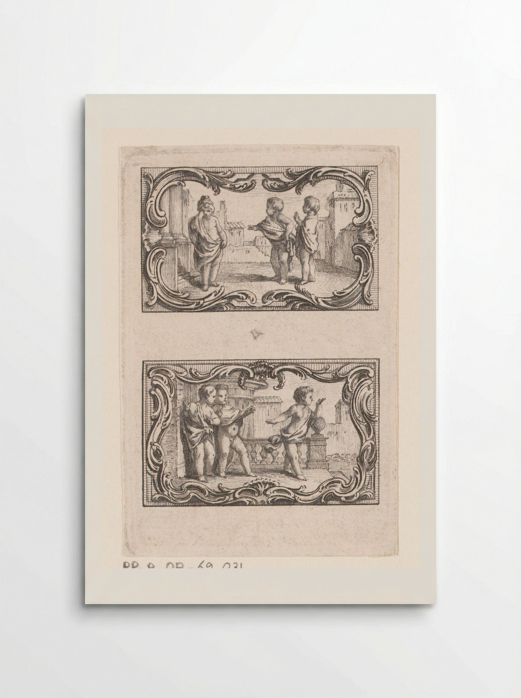 Twee vignetten met drie putti temidden van gebouwen - Jacques-Philippe Le Bas - Poster