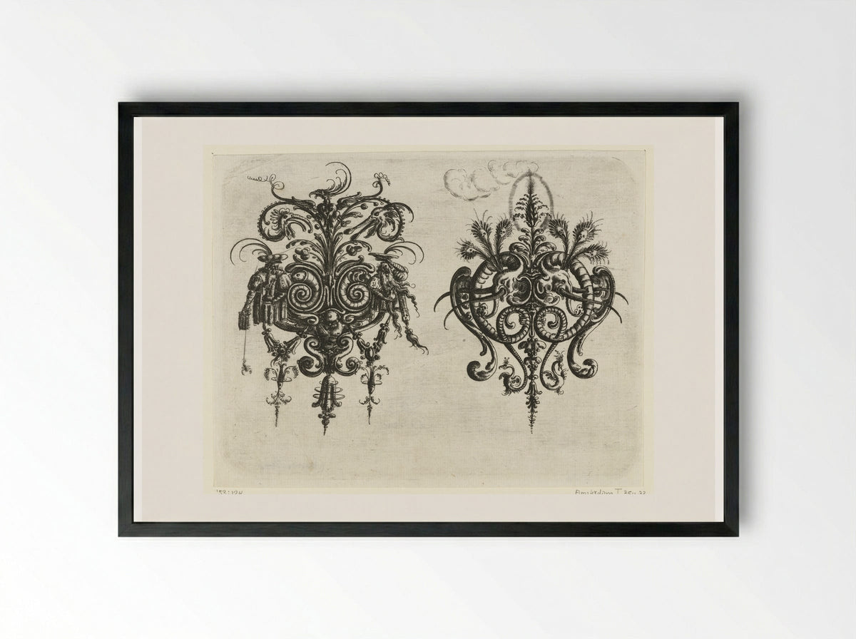 Twee vlakdecoraties met bladranken en grotesken - Christoph Jamnitzer - Framed Print Black