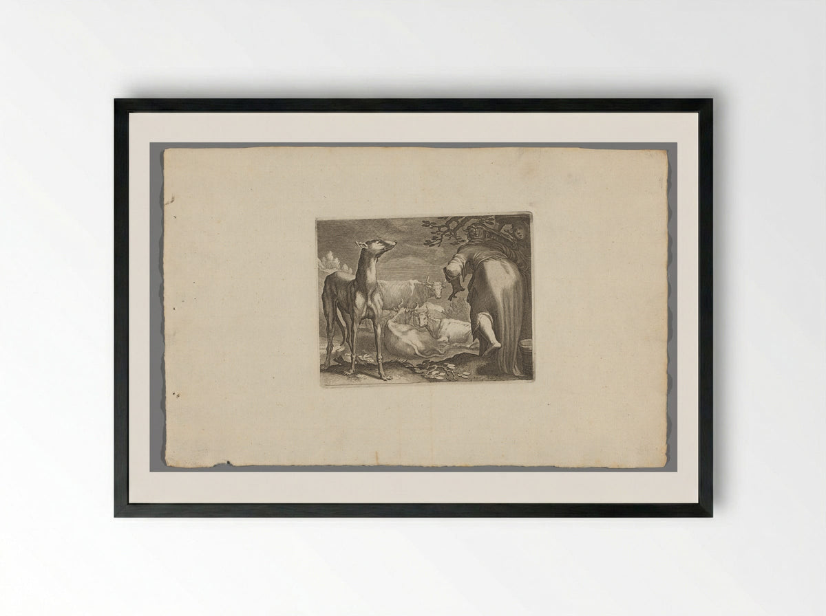 Twee vrouwen en hond bij koeien - Boëtius Adamsz. Bolswert - Framed Print Black