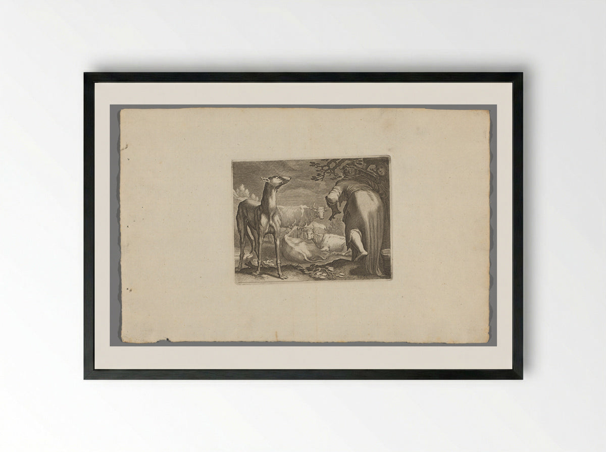 Twee vrouwen en hond bij koeien - Boëtius Adamsz. Bolswert - Framed Print Black