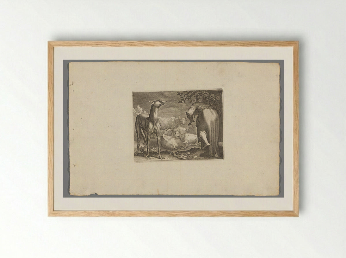 Twee vrouwen en hond bij koeien - Boëtius Adamsz. Bolswert - Framed Print Wood