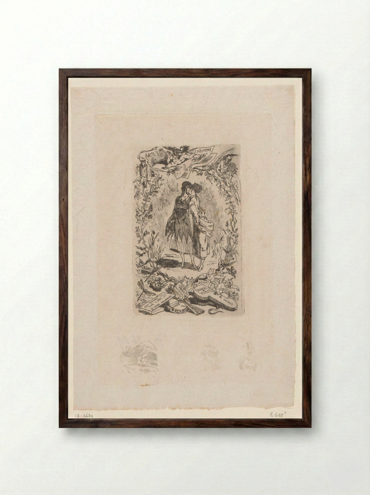 Twee vrouwen kussen elkaar - Félicien Rops - Framed Print Dark Wood
