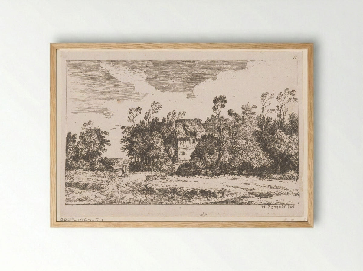 Twee wandelaars bij boerderij - Alexis Nicolas Pérignon - Framed Print Wood