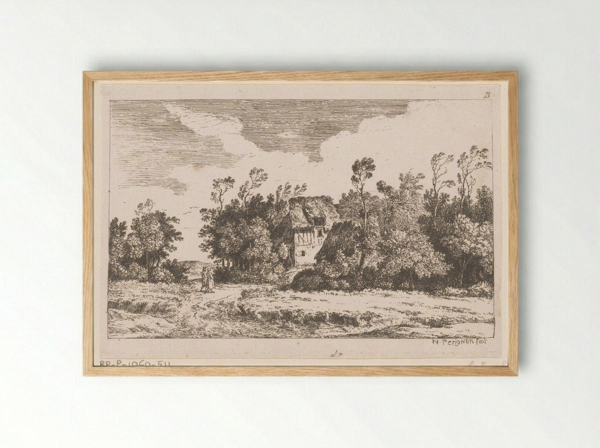 Twee wandelaars bij boerderij - Alexis Nicolas Pérignon - Framed Print Wood
