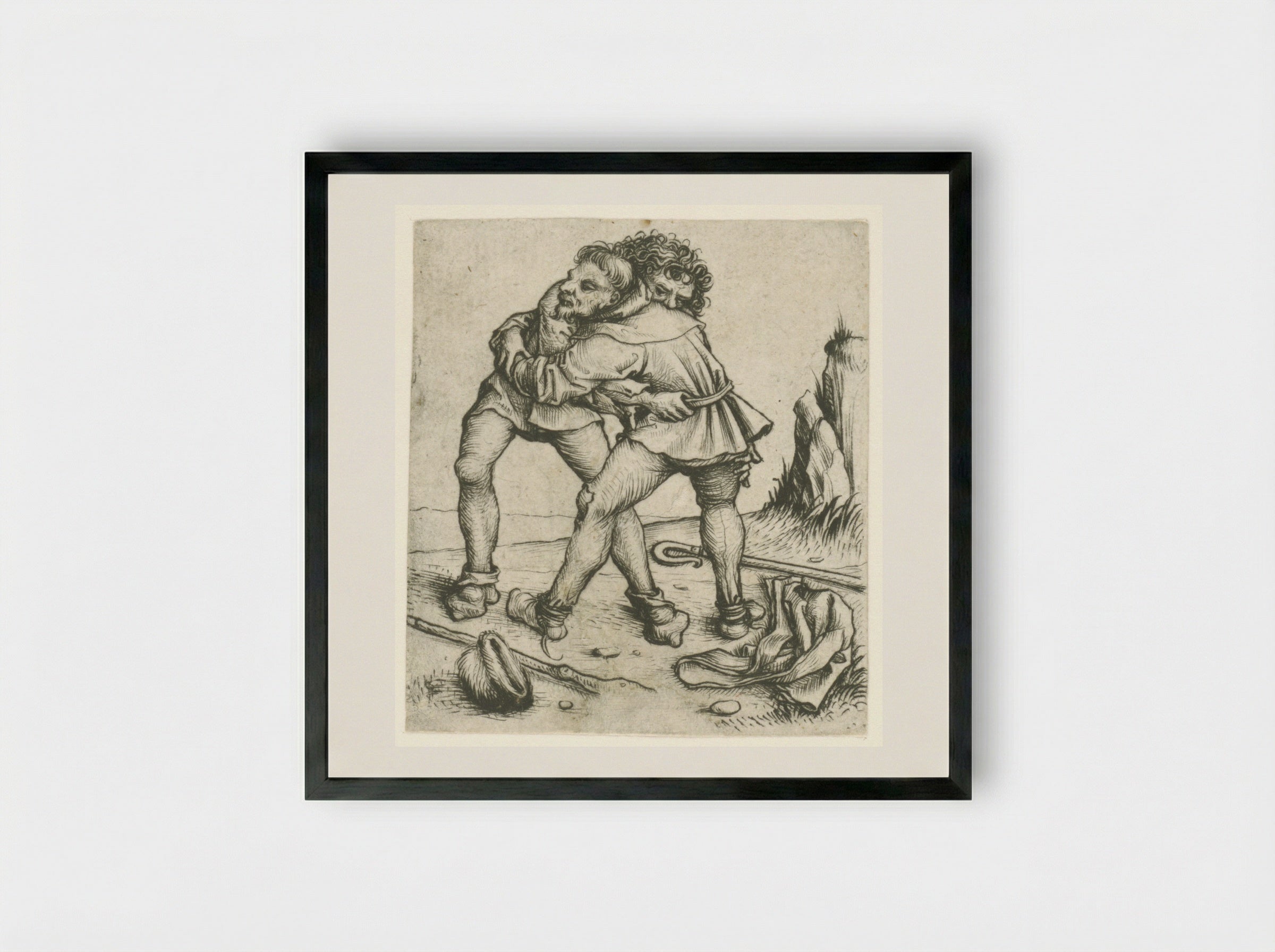 Twee worstelende boeren - Meester van het Amsterdamse Kabinet - Framed Print Black