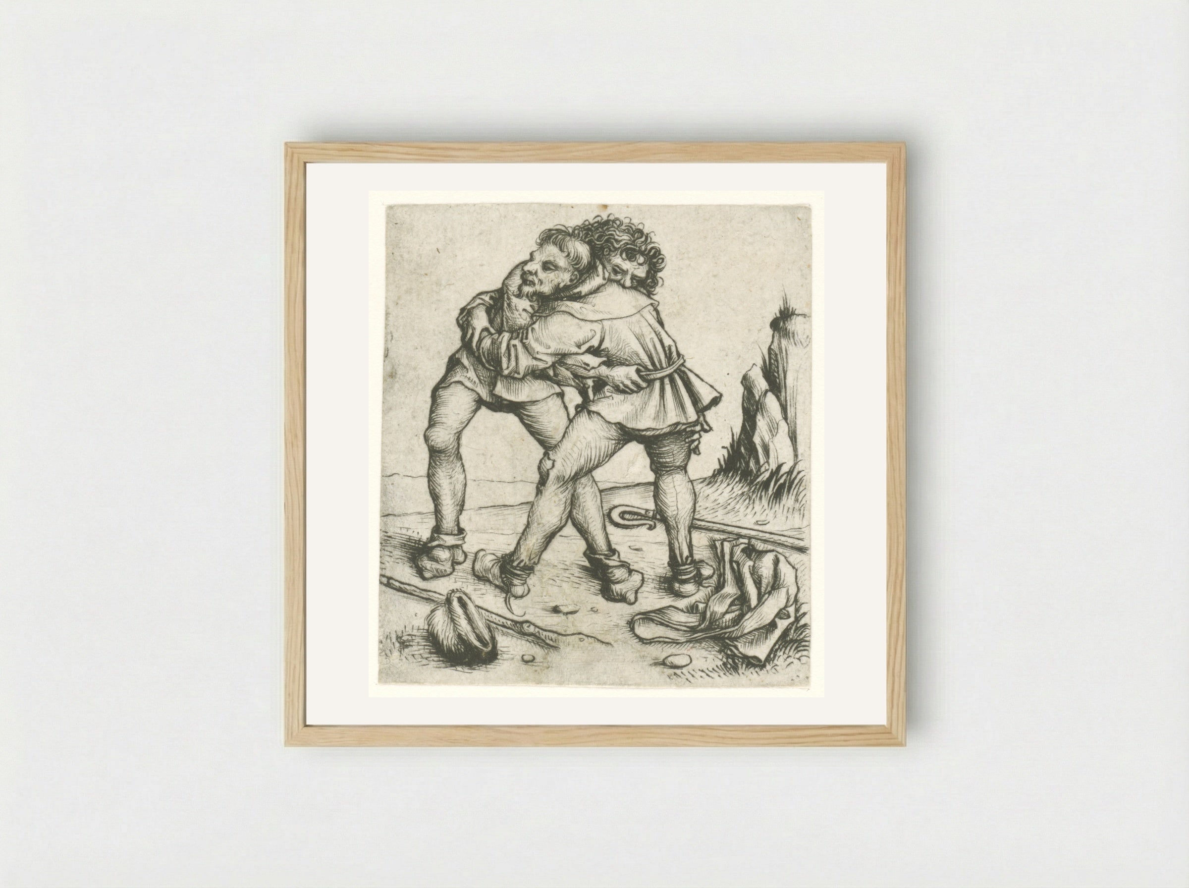 Twee worstelende boeren - Meester van het Amsterdamse Kabinet - Framed Print Wood