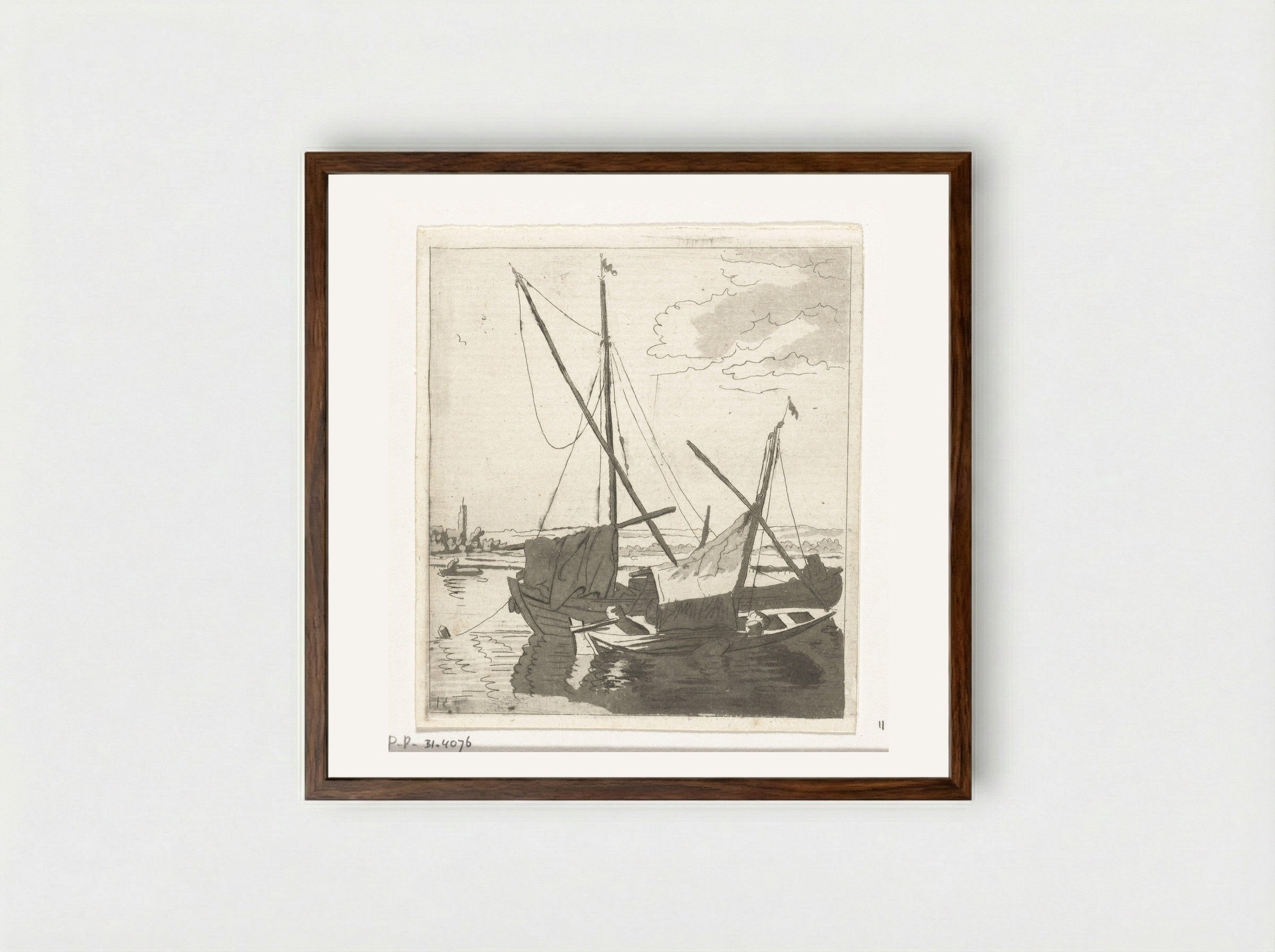 Twee zeilboten in een rivier - Anthonie van den Bos - Framed Print Dark Wood