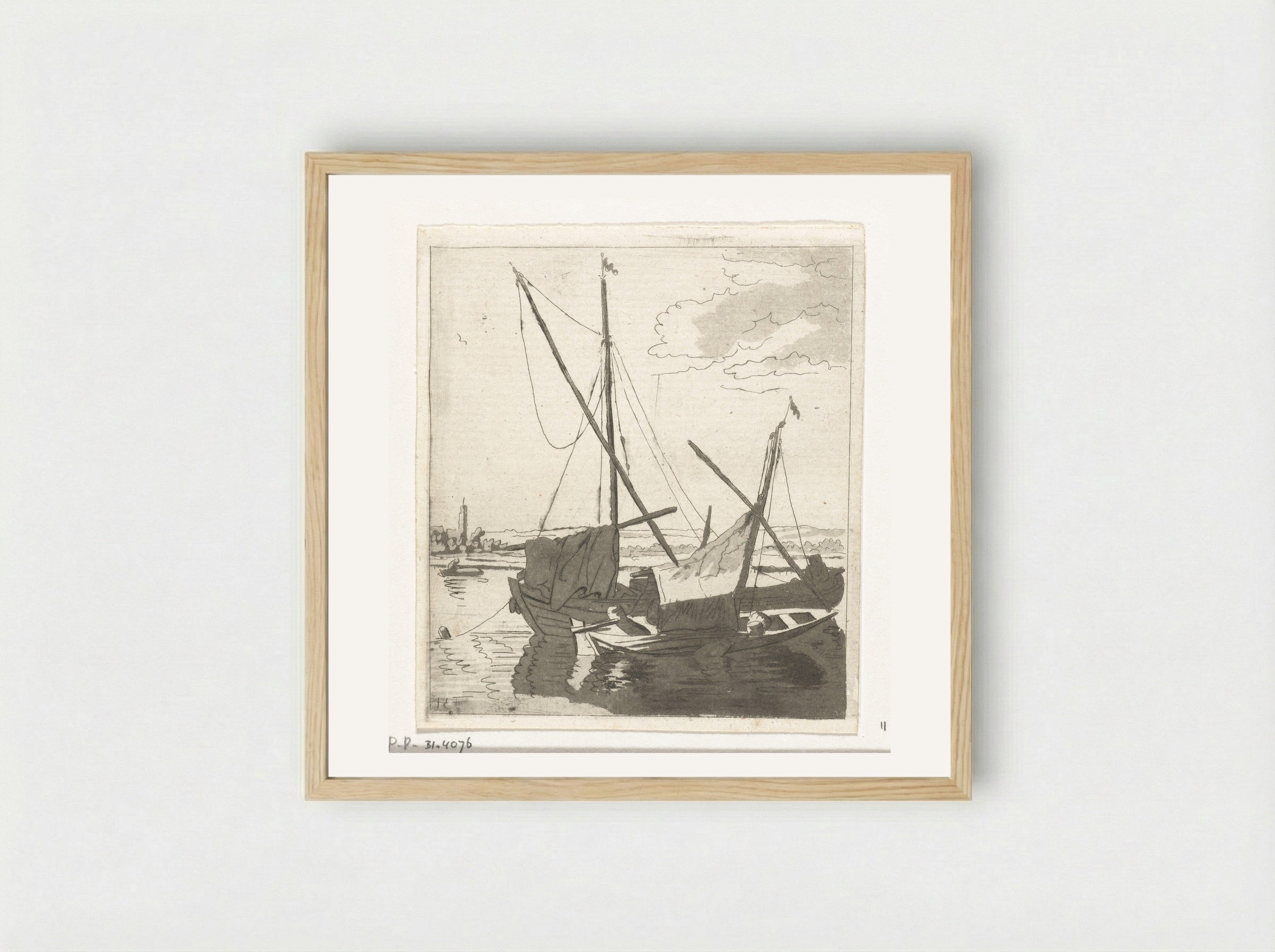 Twee zeilboten in een rivier - Anthonie van den Bos - Framed Print Wood