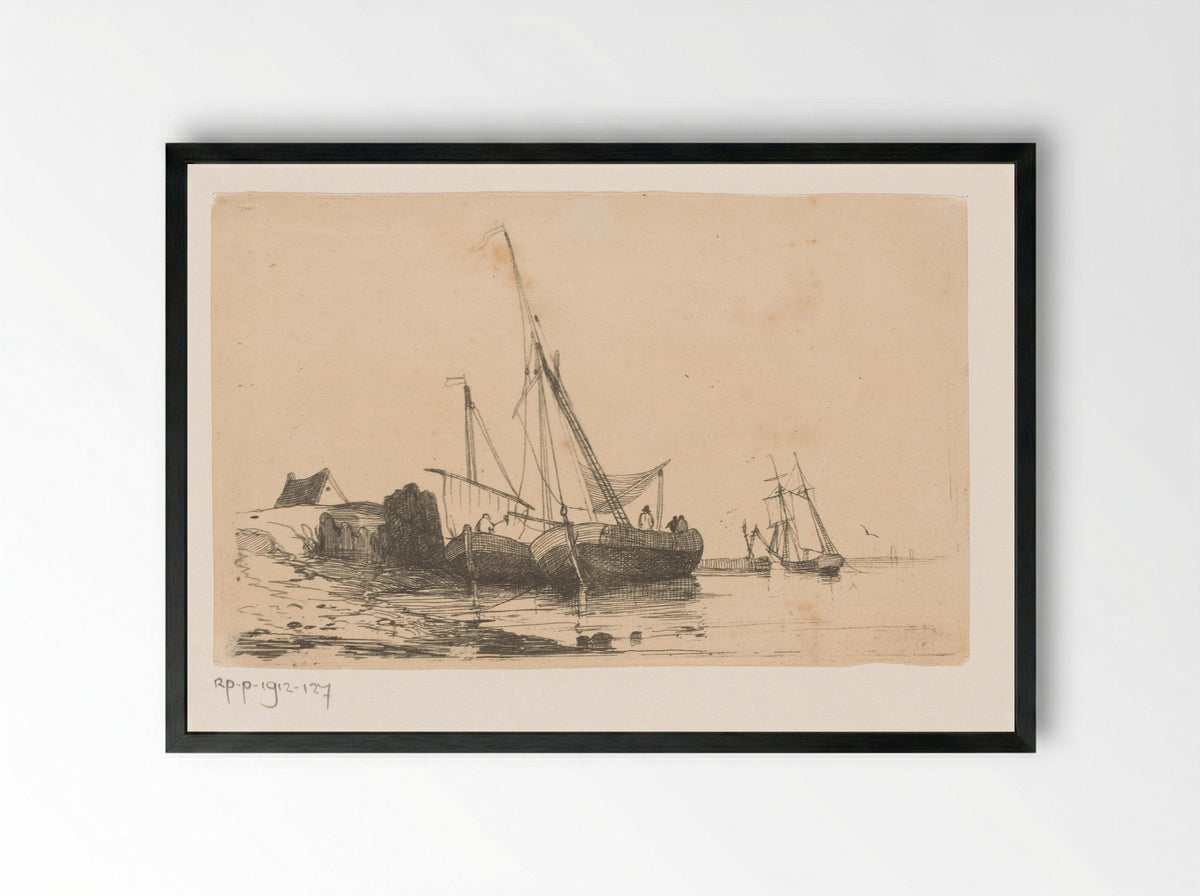 Twee zeilschepen aan de kust - Egidius Linnig - Framed Print Black