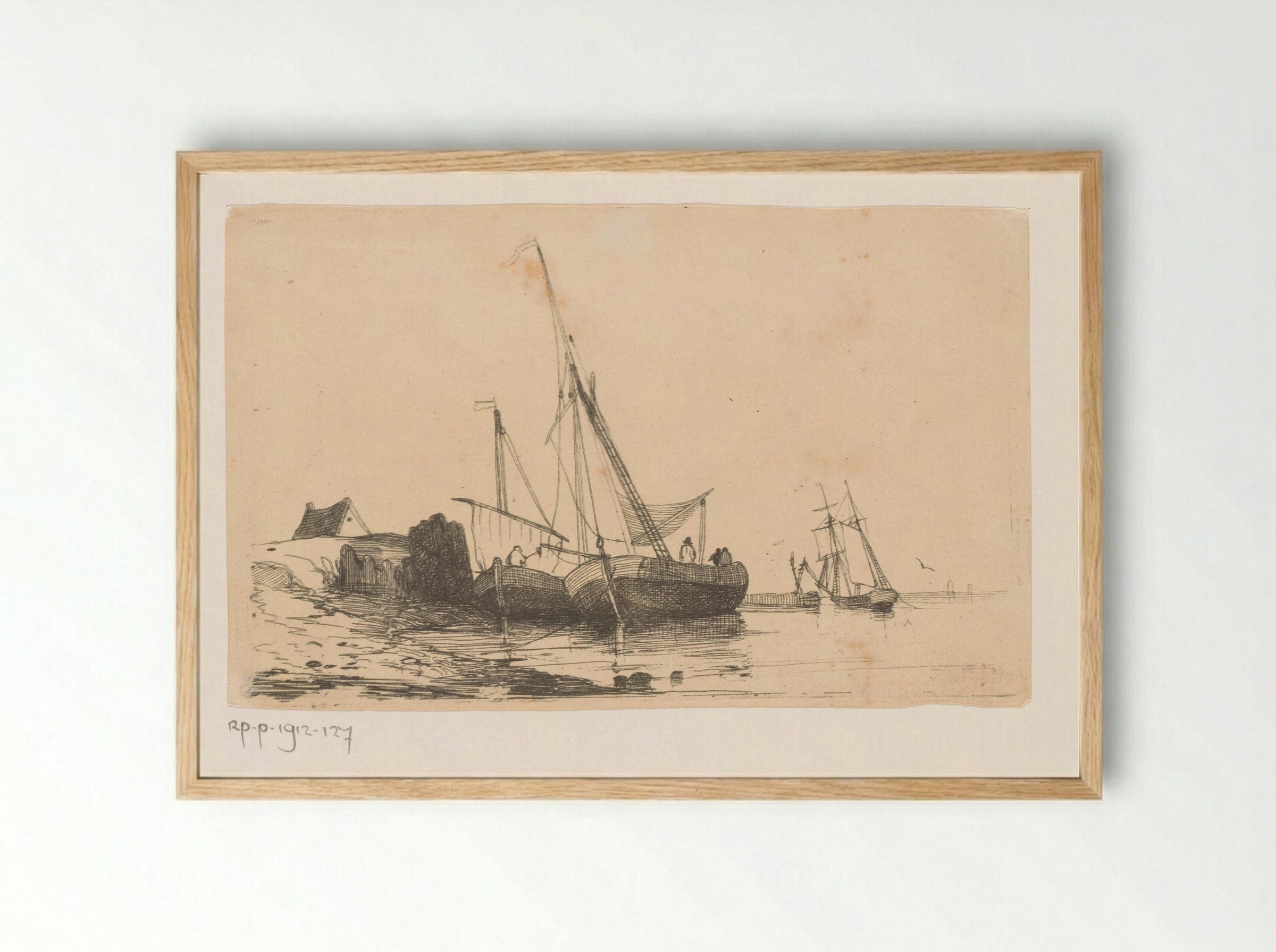 Twee zeilschepen aan de kust - Egidius Linnig - Framed Print Wood