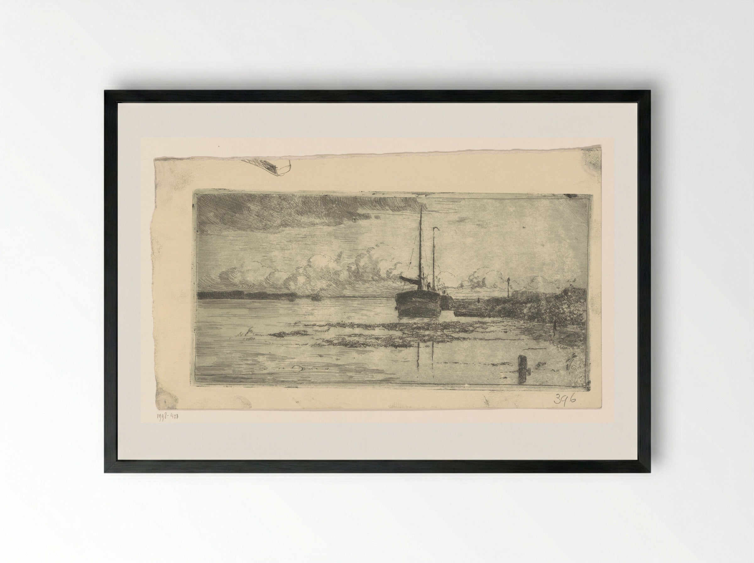 Twee zeilschepen aan een rivieroever - Cornelis Vreedenburgh - Framed Print Black