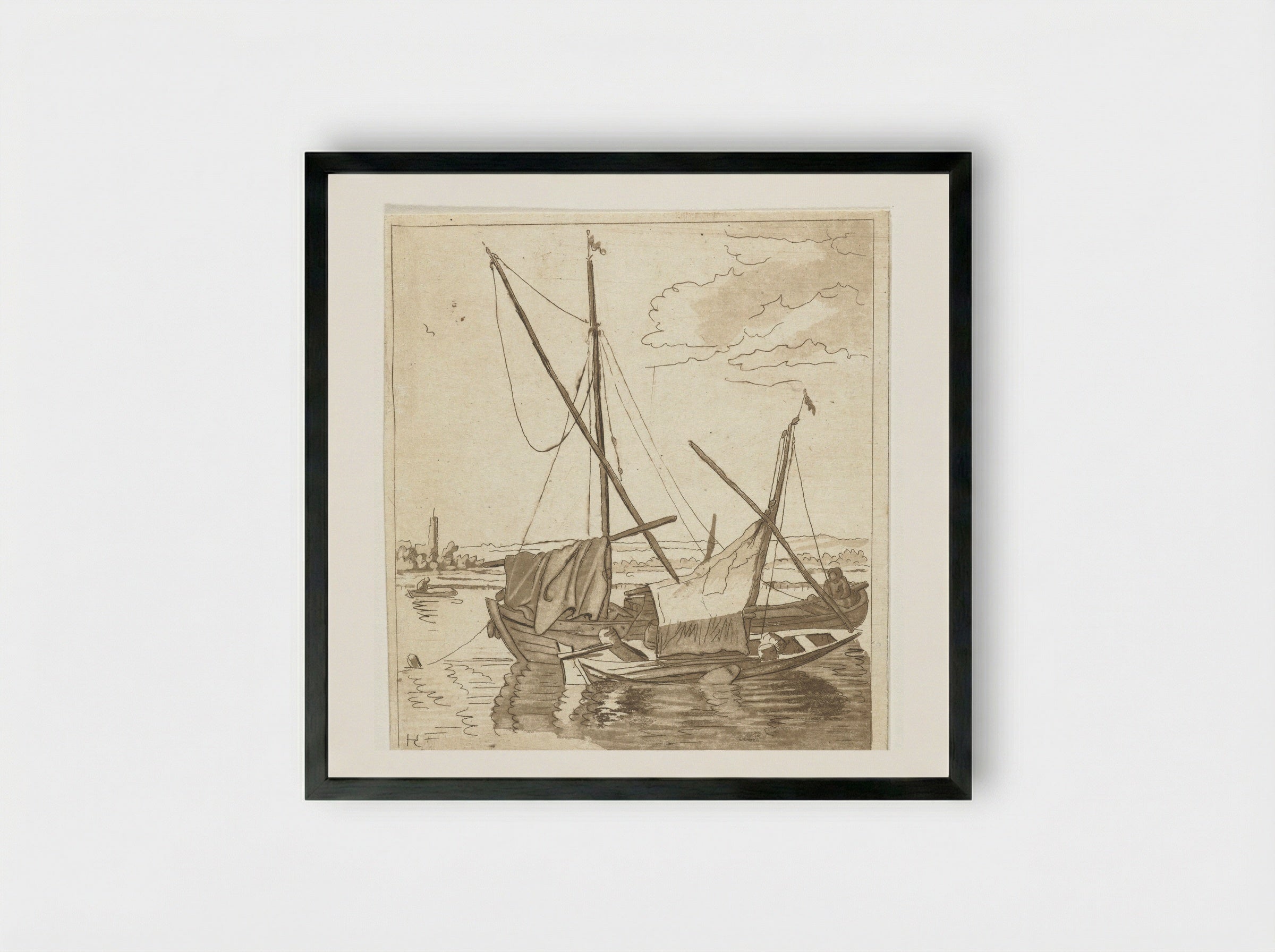 Twee zeilschepen in een rivier - Anthonie van den Bos - Framed Print Black