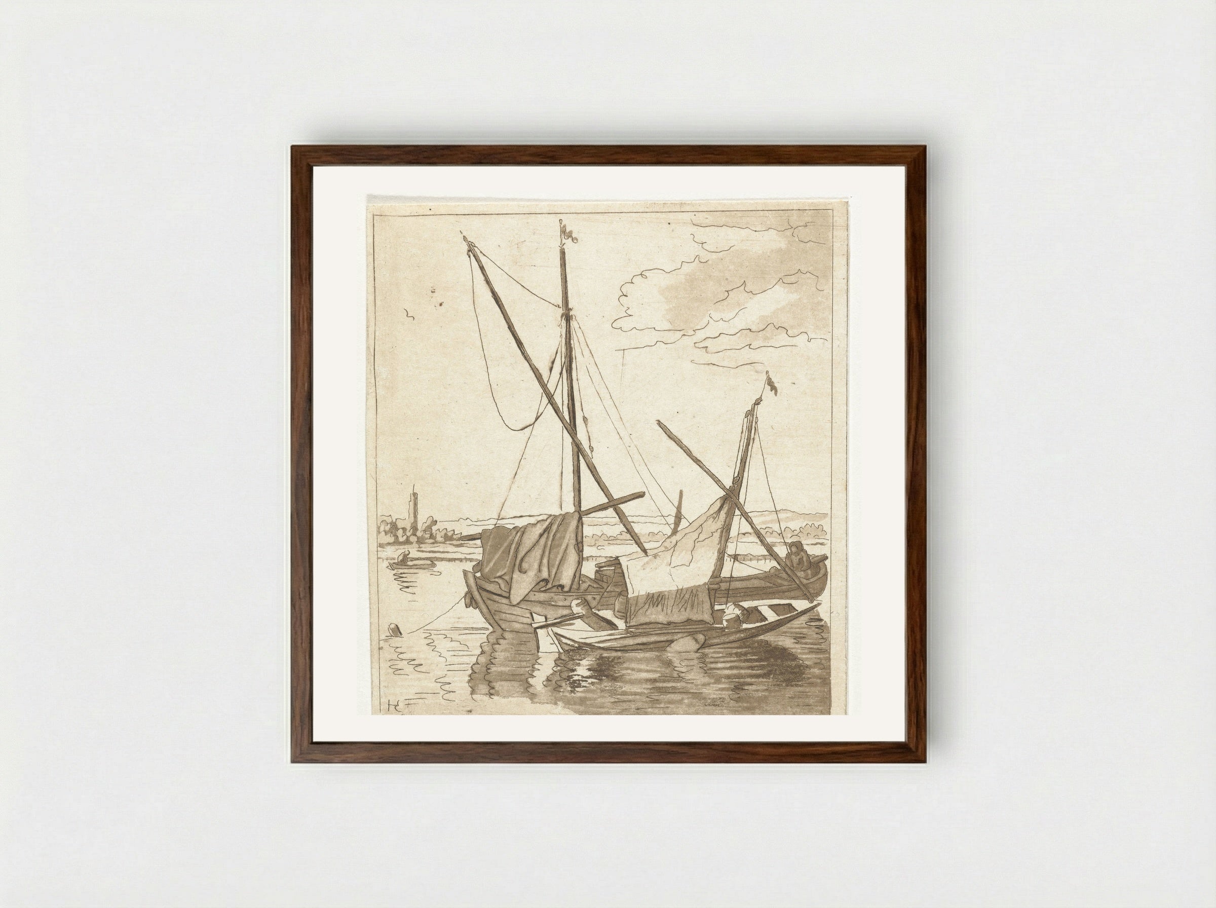 Twee zeilschepen in een rivier - Anthonie van den Bos - Framed Print Dark Wood