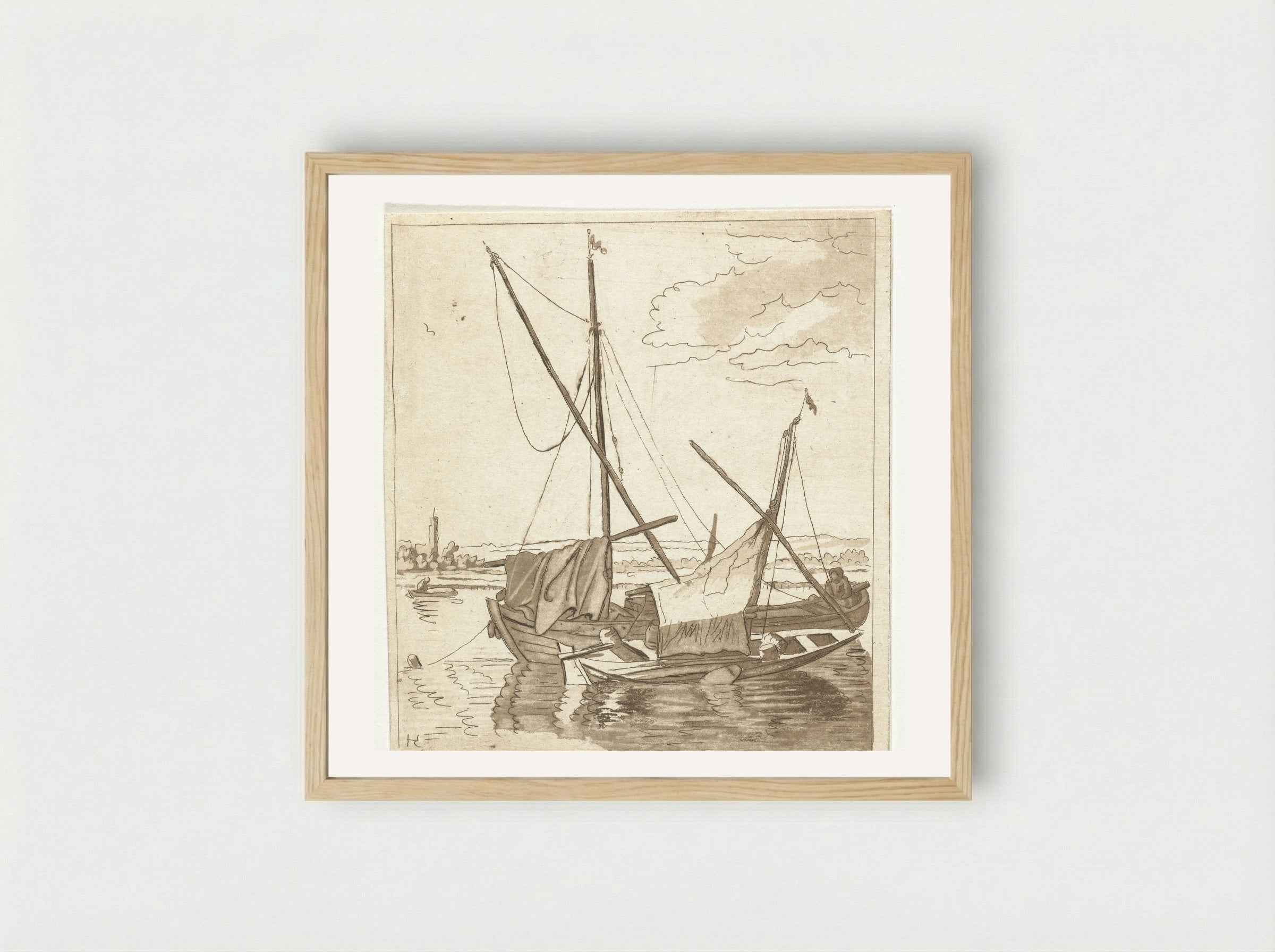 Twee zeilschepen in een rivier - Anthonie van den Bos - Framed Print Wood