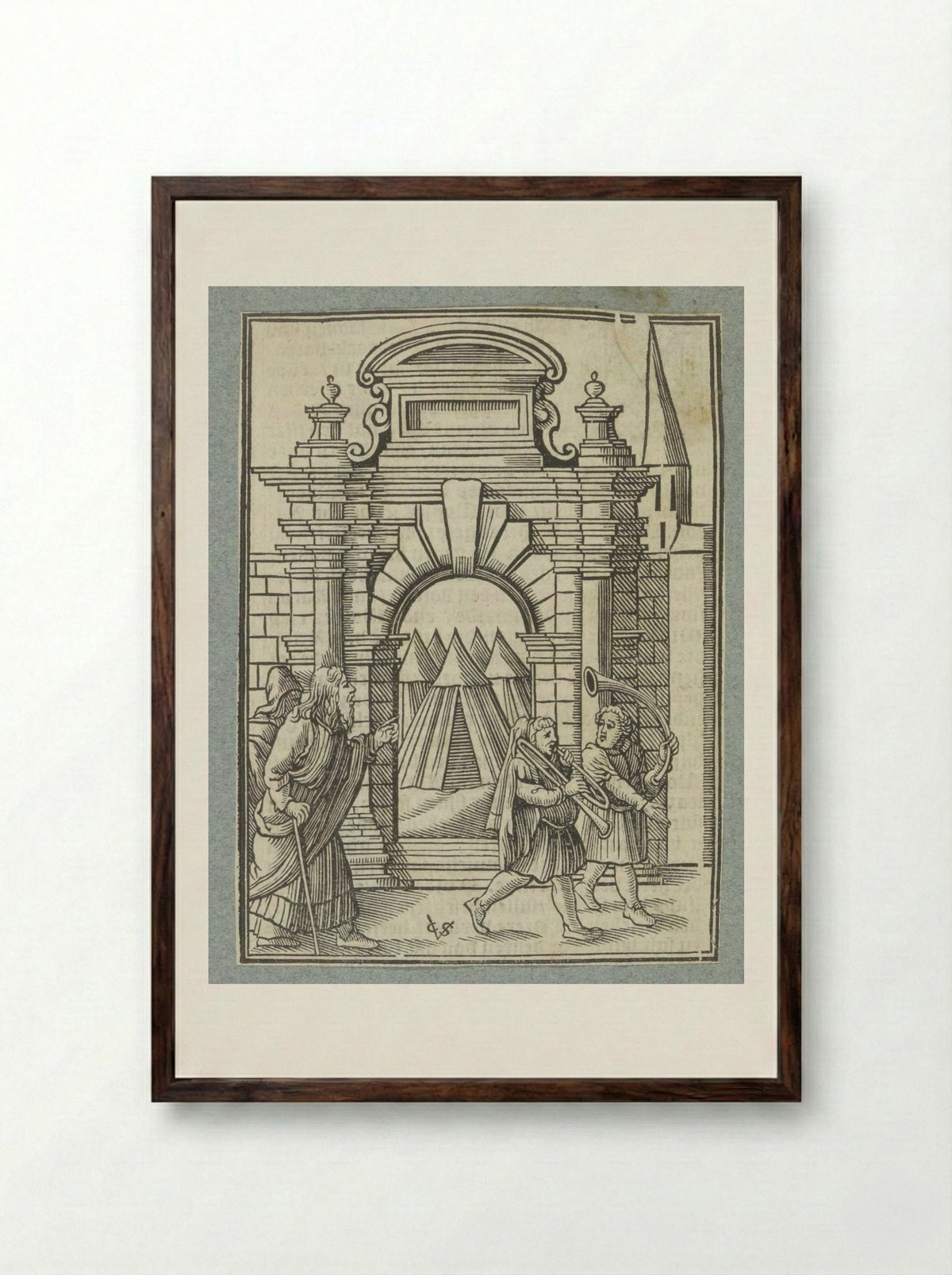 Twee zilveren trompetten worden gebruikt om de gemeenschap bijeen te roepen - Pieter Jacobsz. Paets - Framed Print Dark Wood