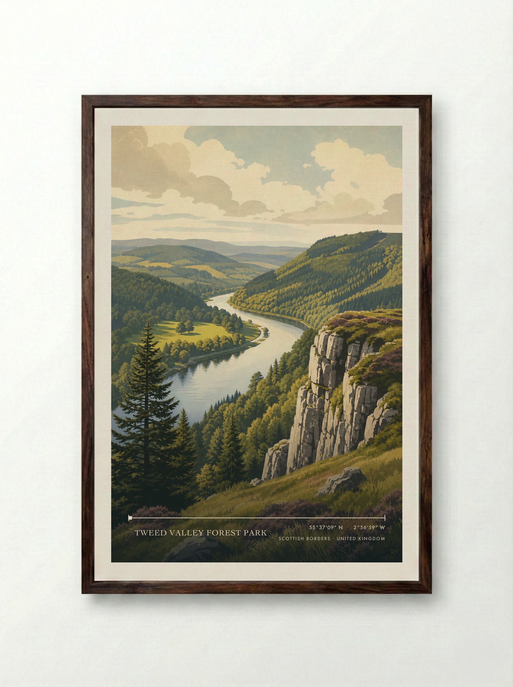 Tweed Valley Forest Park Scottish Borders United Kingdom Travel Poster - Framed Print Dark Wood
