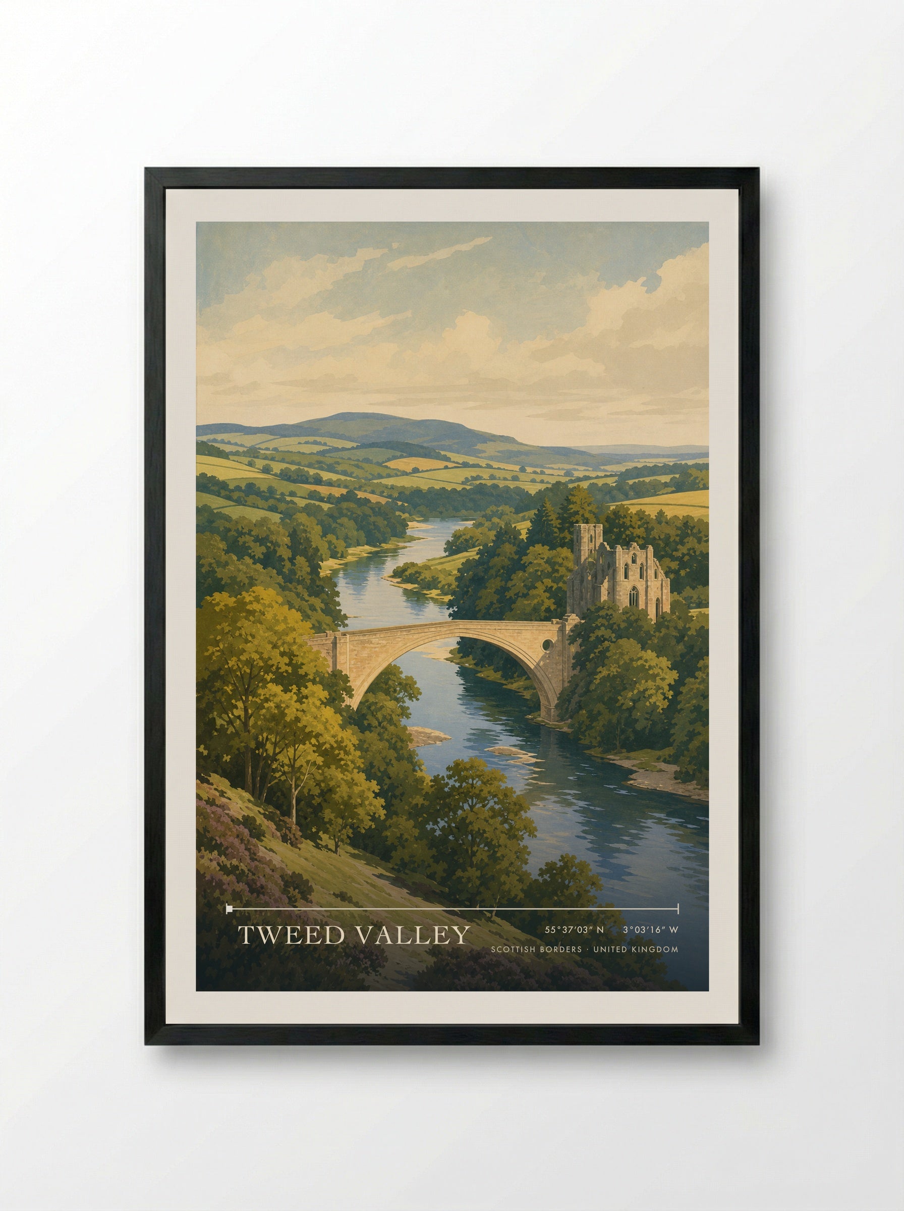 Tweed Valley Scottish Borders United Kingdom Travel Poster - Framed Print Black