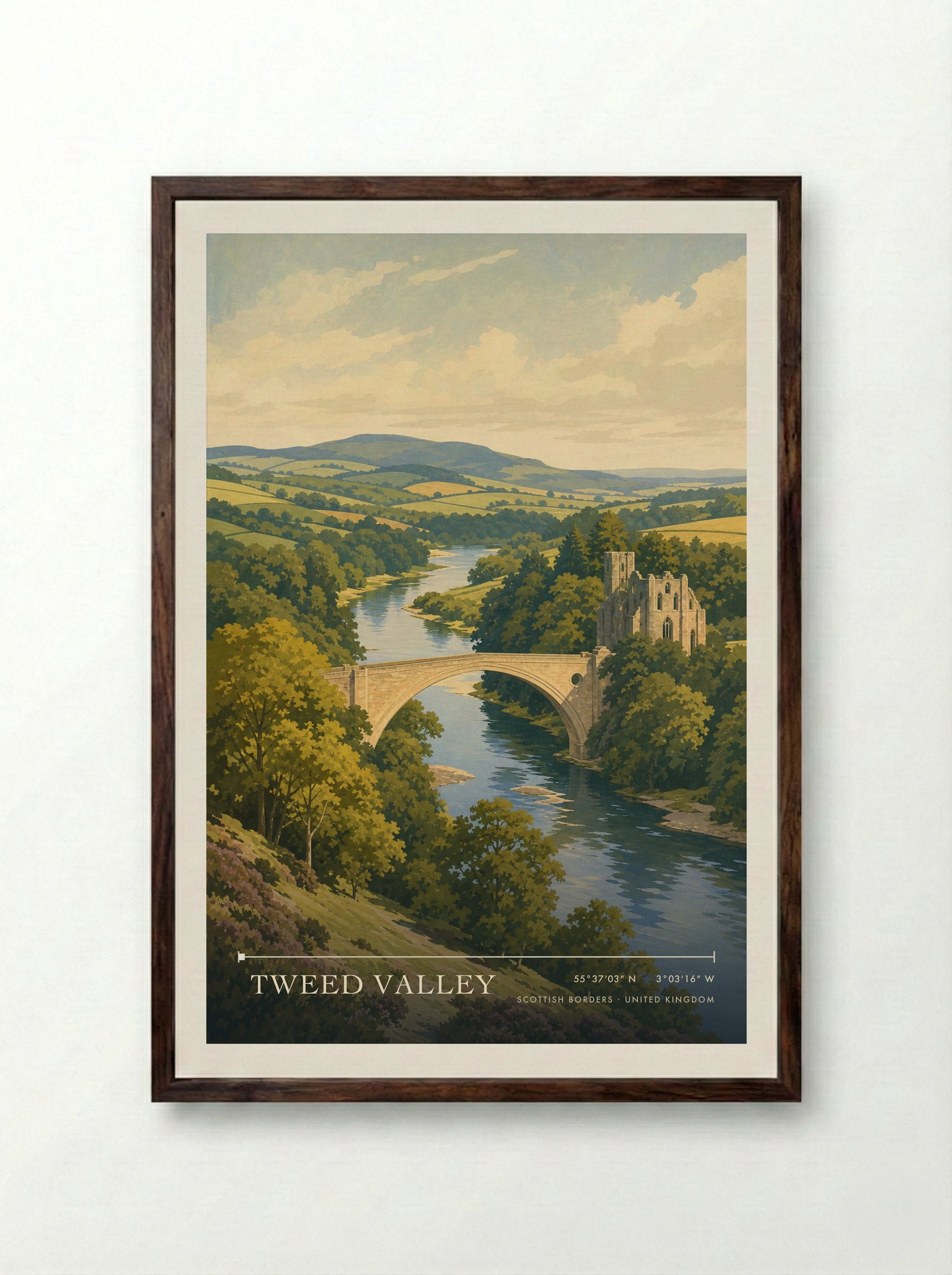 Tweed Valley Scottish Borders United Kingdom Travel Poster - Framed Print Dark Wood