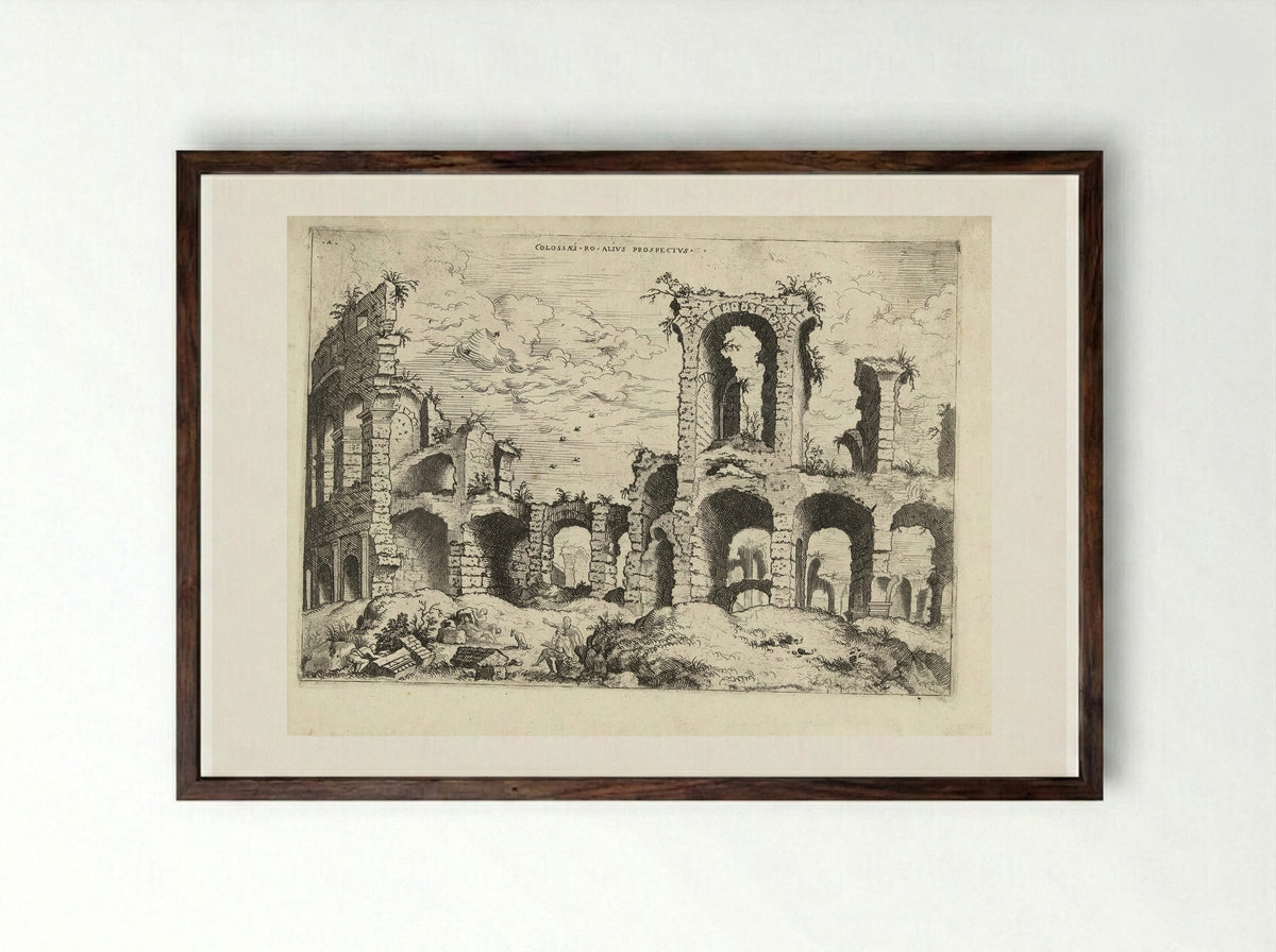 Tweede gezicht op het Colosseum te Rome - Hieronymus Cock - Framed Print Dark Wood