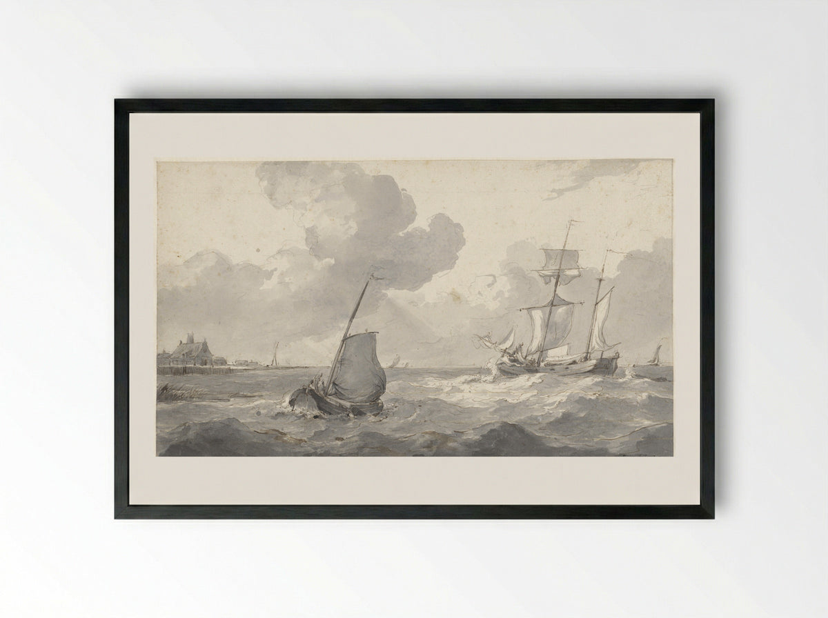 Tweemaster en vissersboot voor de kust - Petrus Johannes Schotel - Framed Print Black