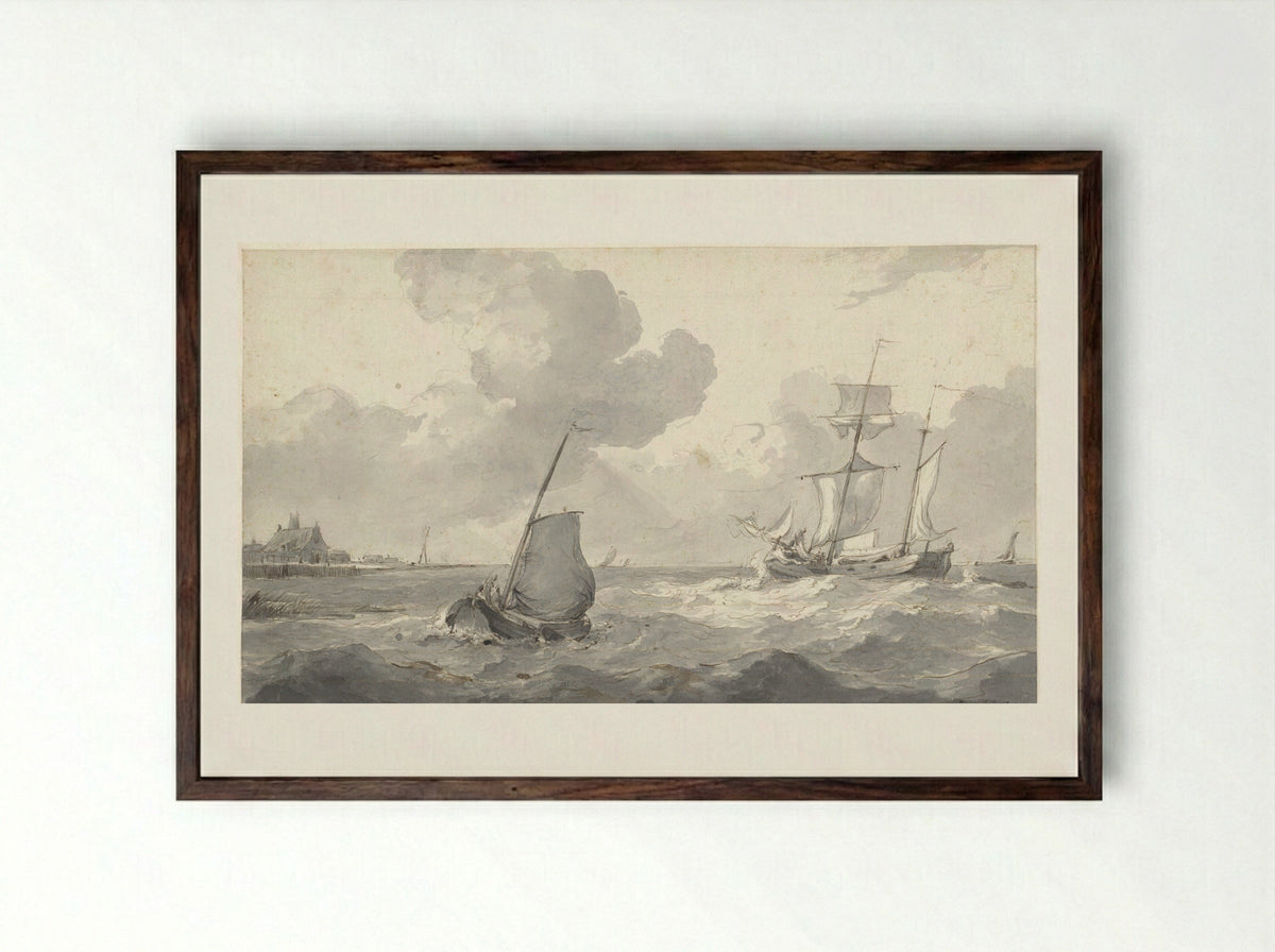 Tweemaster en vissersboot voor de kust - Petrus Johannes Schotel - Framed Print Dark Wood