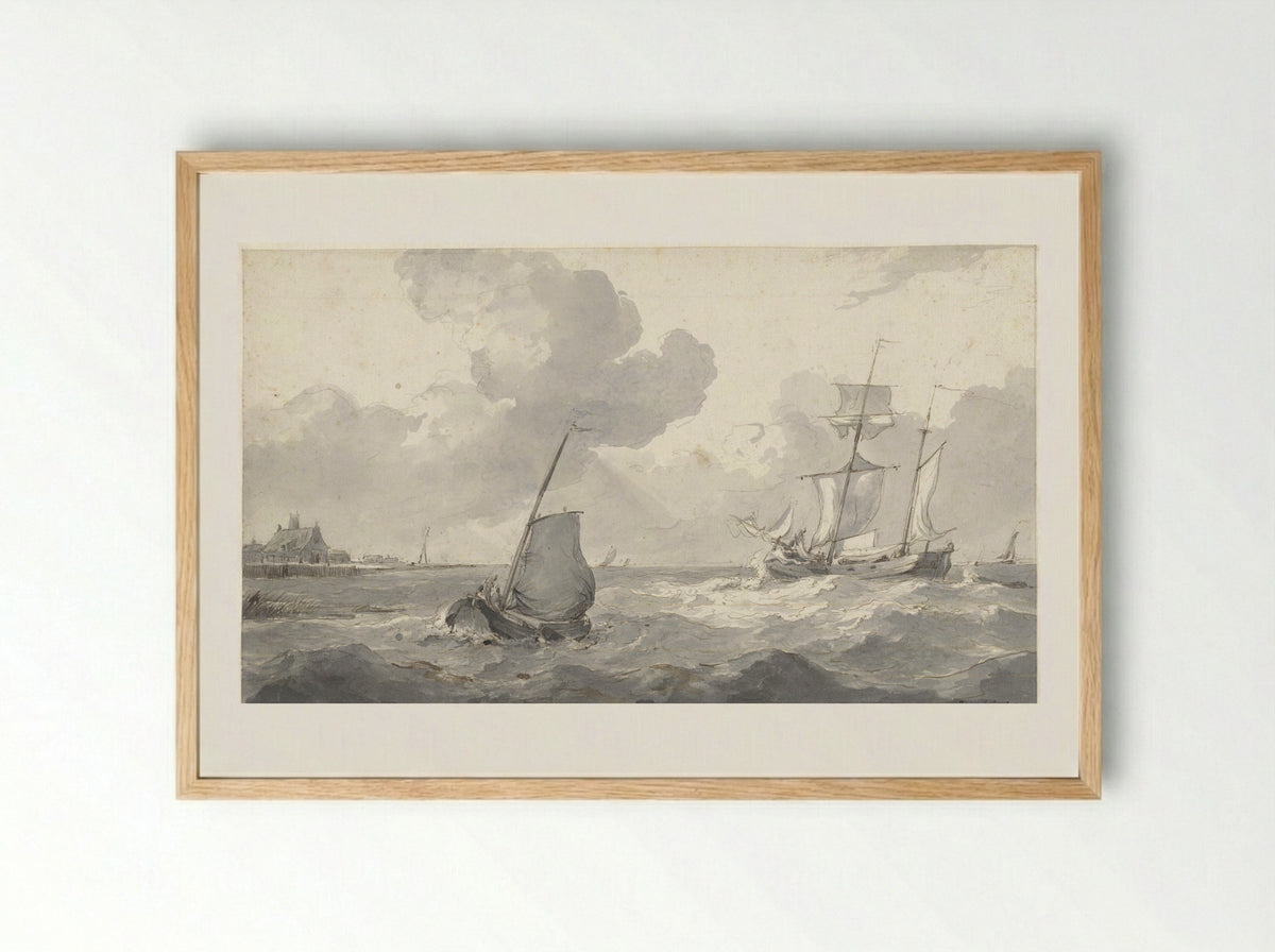 Tweemaster en vissersboot voor de kust - Petrus Johannes Schotel - Framed Print Wood