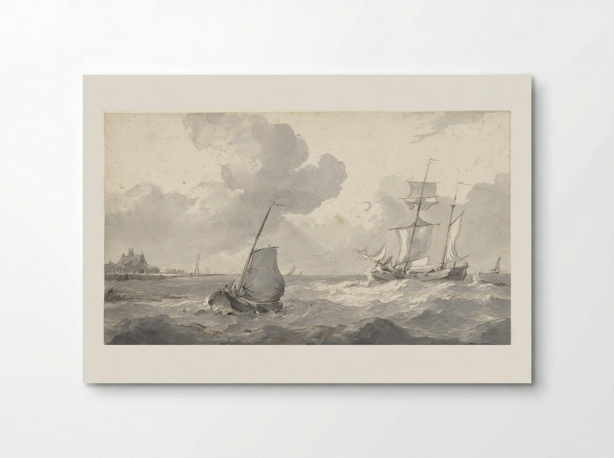 Tweemaster en vissersboot voor de kust - Petrus Johannes Schotel - Poster