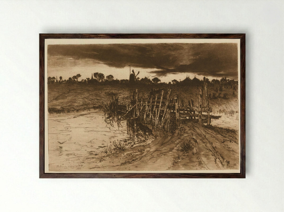 Tween the gloamin' and the mirk when the kye come hame - Mary Nimmo Moran - Framed Print Dark Wood