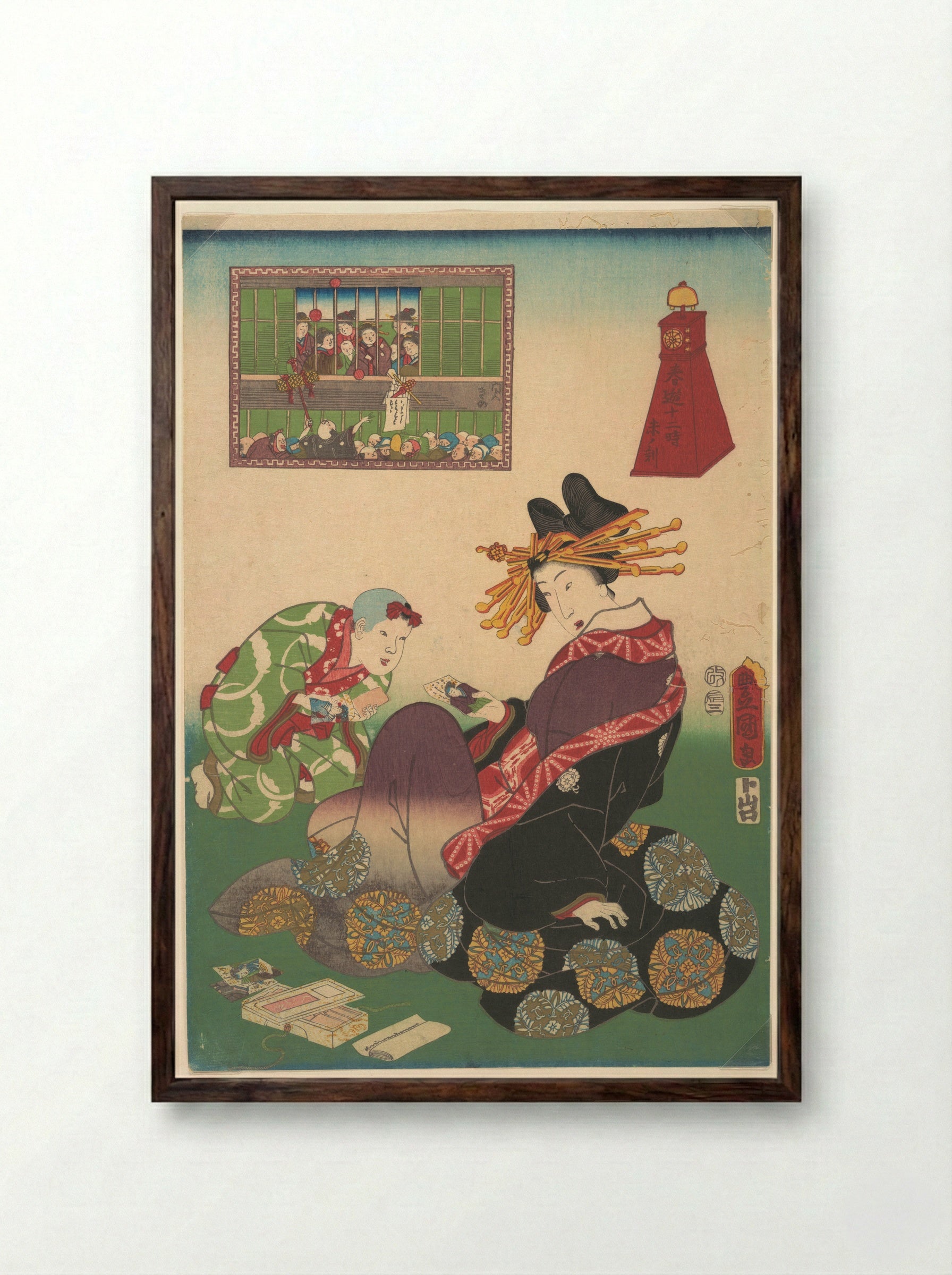Twelve Hours of Spring Pleasures: Hour of the Goat - Utagawa Kunisada - Framed Print Dark Wood