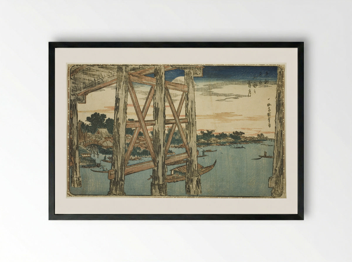 Twilight Moon at the Ryogoku Bridge - Utagawa Hiroshige - Framed Print Black