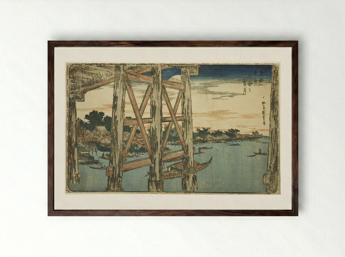 Twilight Moon at the Ryogoku Bridge - Utagawa Hiroshige - Framed Print Dark Wood