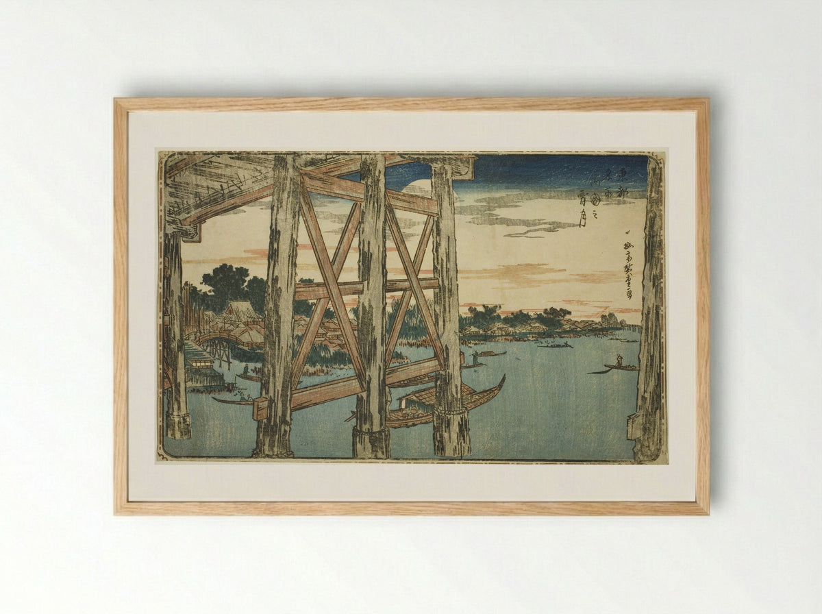 Twilight Moon at the Ryogoku Bridge - Utagawa Hiroshige - Framed Print Wood