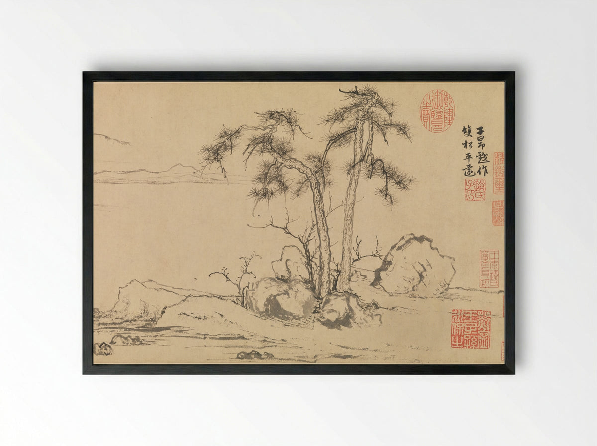 Twin Pines, Level Distance - Zhao Mengfu - Framed Print Black