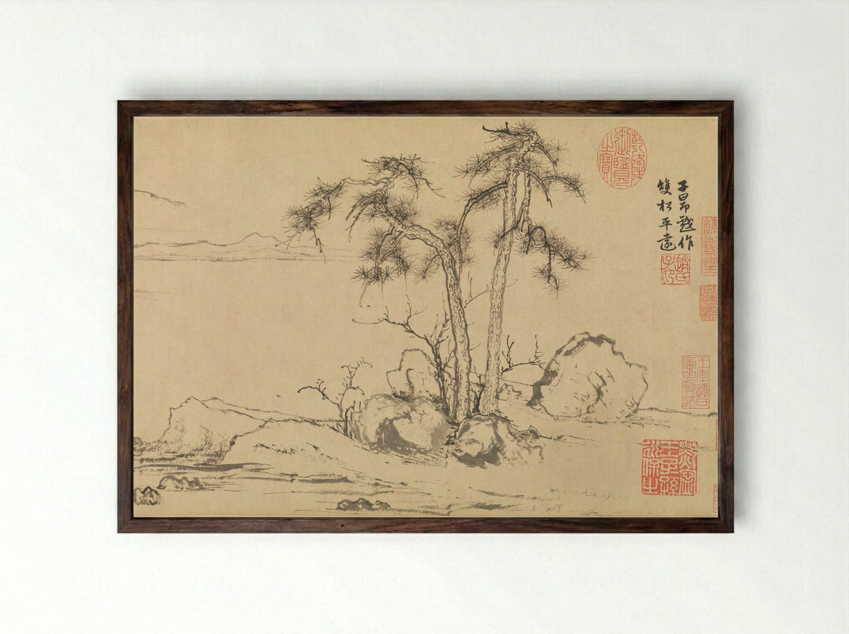 Twin Pines, Level Distance - Zhao Mengfu - Framed Print Dark Wood