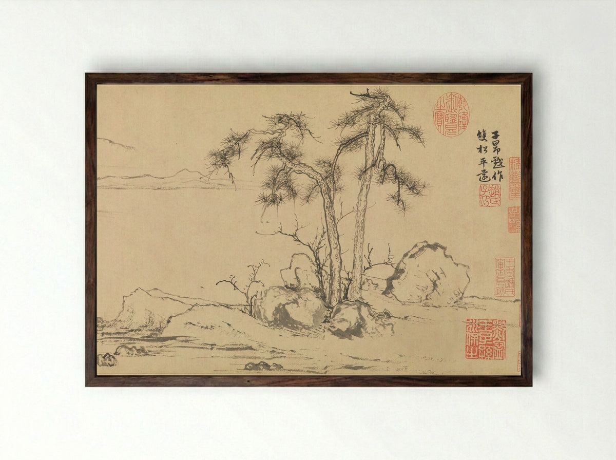 Twin Pines, Level Distance - Zhao Mengfu - Framed Print Dark Wood