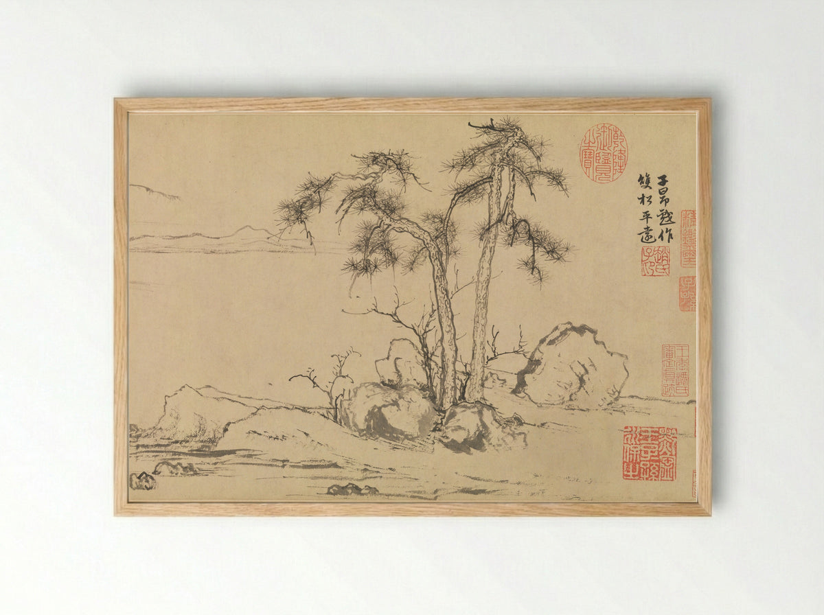 Twin Pines, Level Distance - Zhao Mengfu - Framed Print Wood
