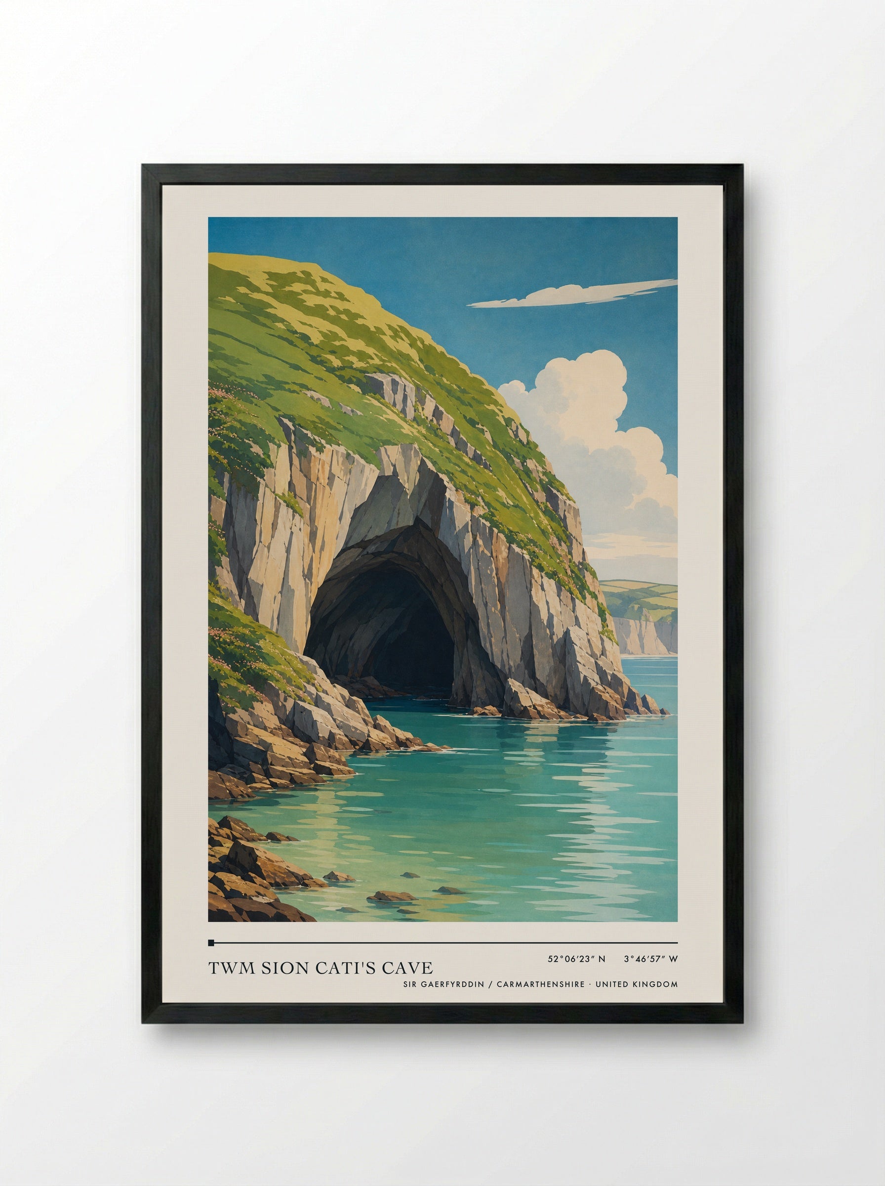 Twm Sion Cati's Cave Sir Gaerfyrddin / Carmarthenshire United Kingdom Travel Poster - Framed Print Black