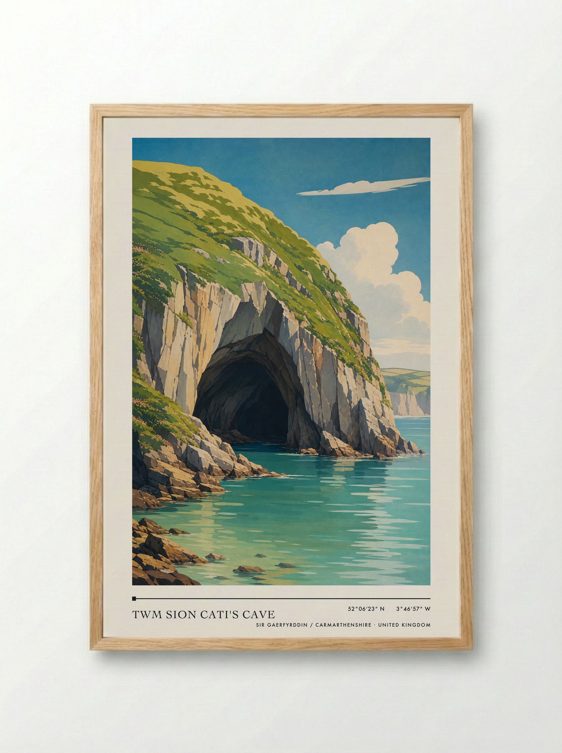 Twm Sion Cati's Cave Sir Gaerfyrddin / Carmarthenshire United Kingdom Travel Poster - Framed Print Wood