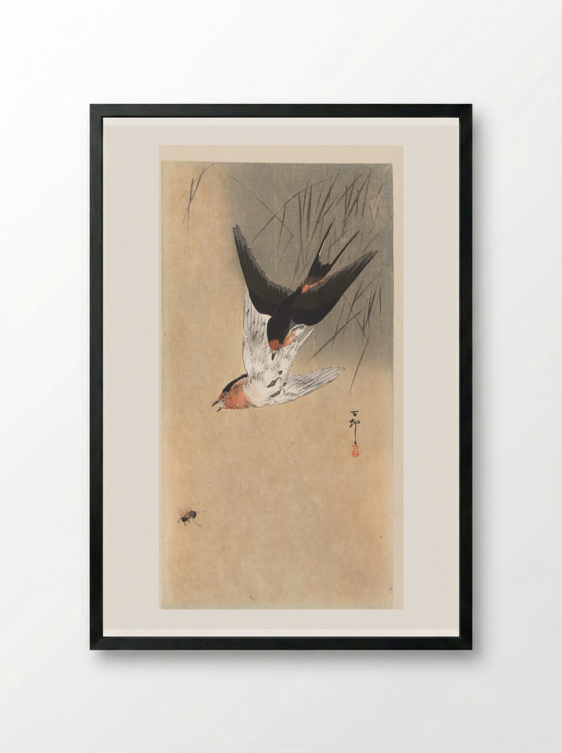 Two Barn Swallows in a Dive - Matsuki Heikichi - Framed Print Black